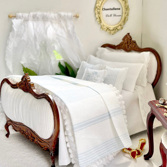 Chantallena Doll House Shabby Cottage -  Eight Piece White Cotton Bedding Set with Blue Striped Bed Runner