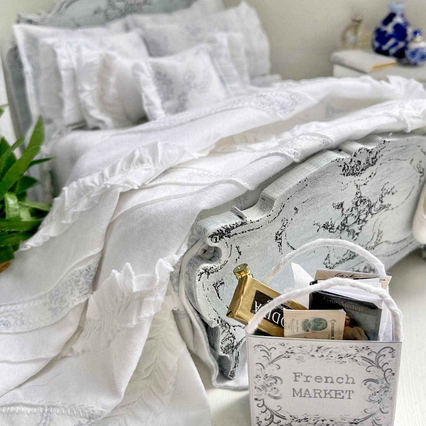 Chantallena Doll House single Copy of Shabby Cottage | Eight Piece Shabby White Cotton Bed Set with Blue Roses Trellis | Blue Rose Trellis