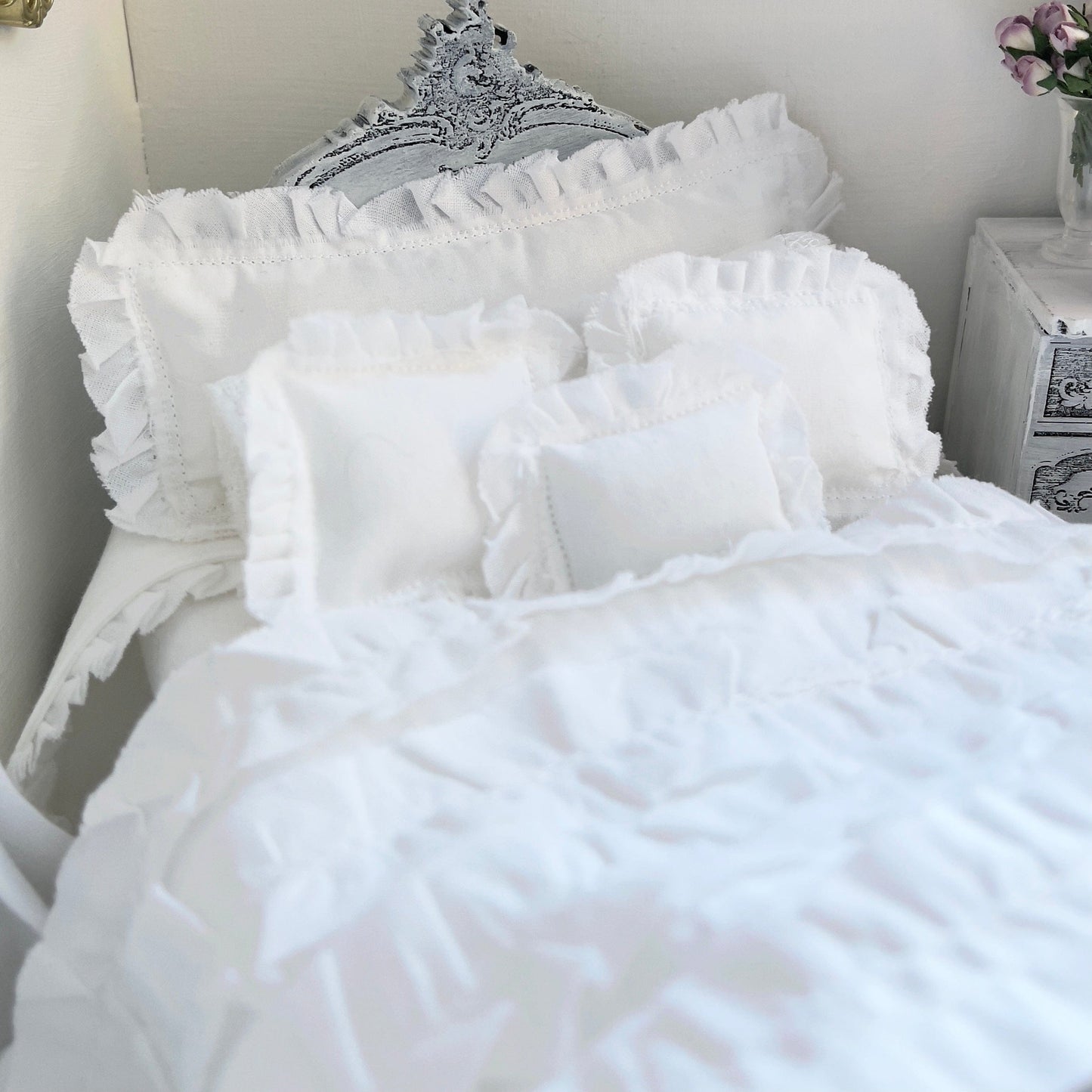 Chantallena White Bed Linens Boundless White | Eight Piece White Cotton with White Ruffles and Pintucks Bedding Set | Ciara