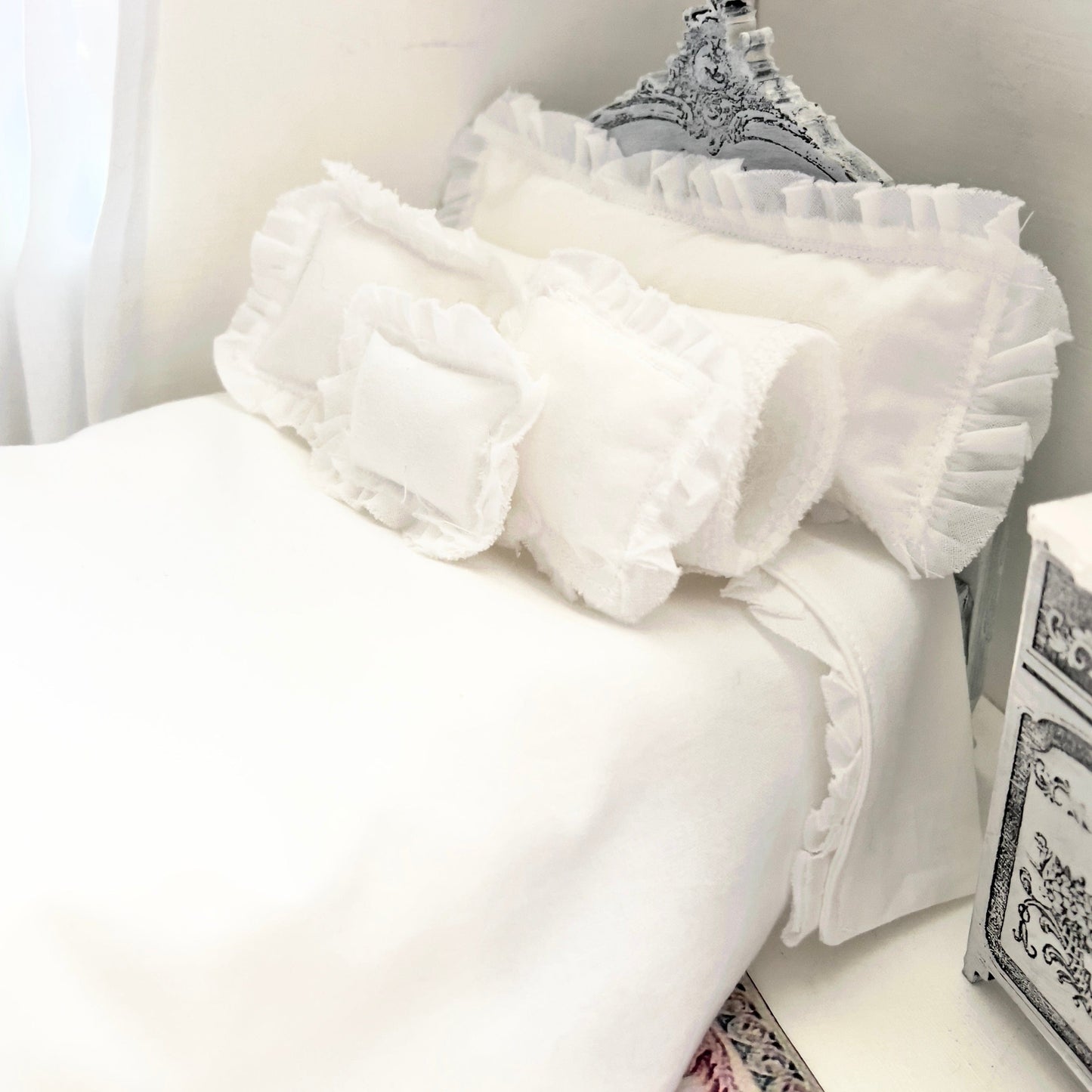 Chantallena White Bed Linens Boundless White | Eight Piece White Cotton with White Ruffles and Pintucks Bedding Set | Ciara