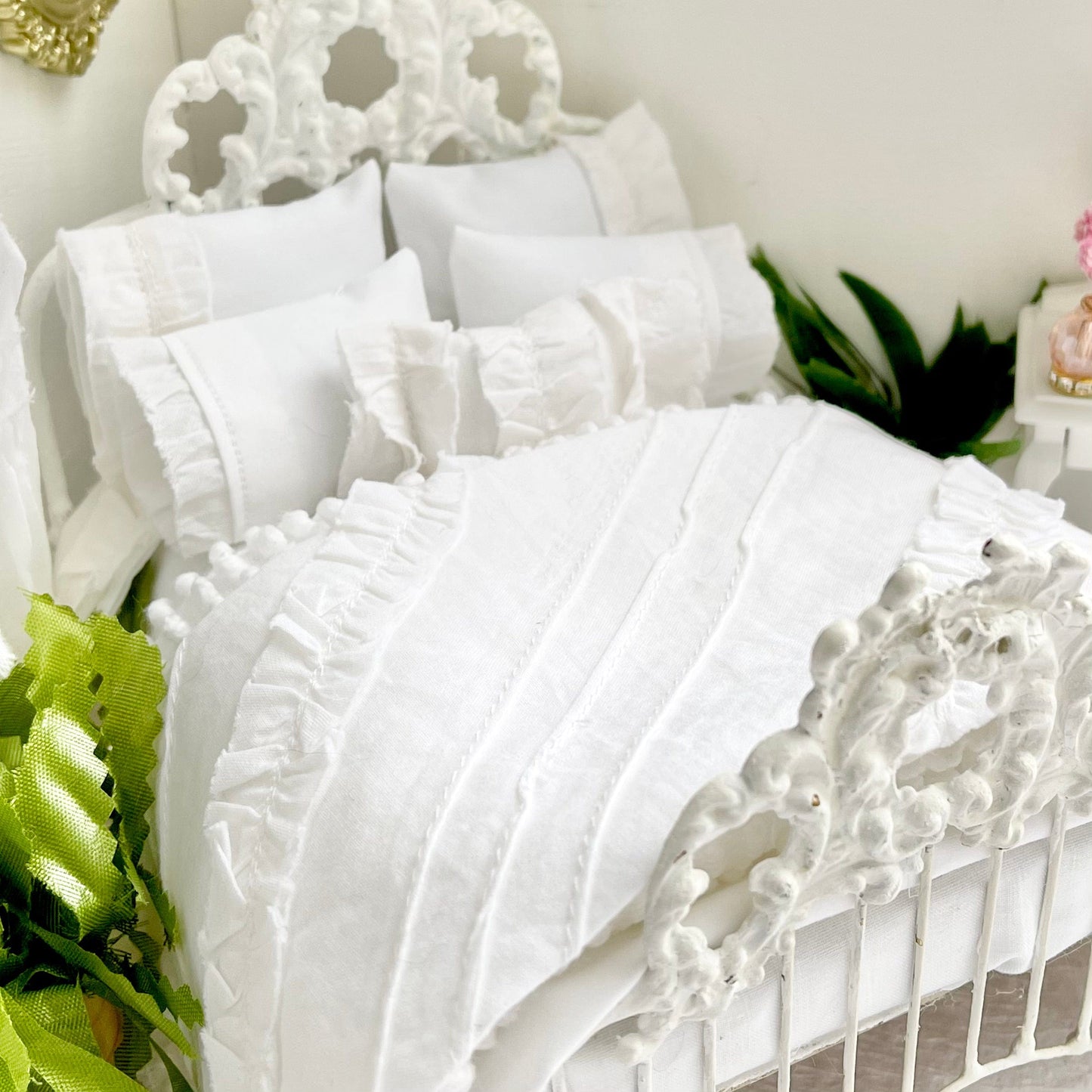 Chantallena White Bed Linens Boundless White | Eight Piece White Cotton with White Ruffles and Pintucks Bedding Set | Ciara