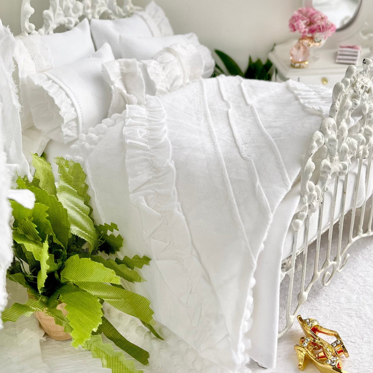 Chantallena White Bed Linens Boundless White | Eight Piece White Cotton with White Ruffles and Pintucks Bedding Set | Ciara