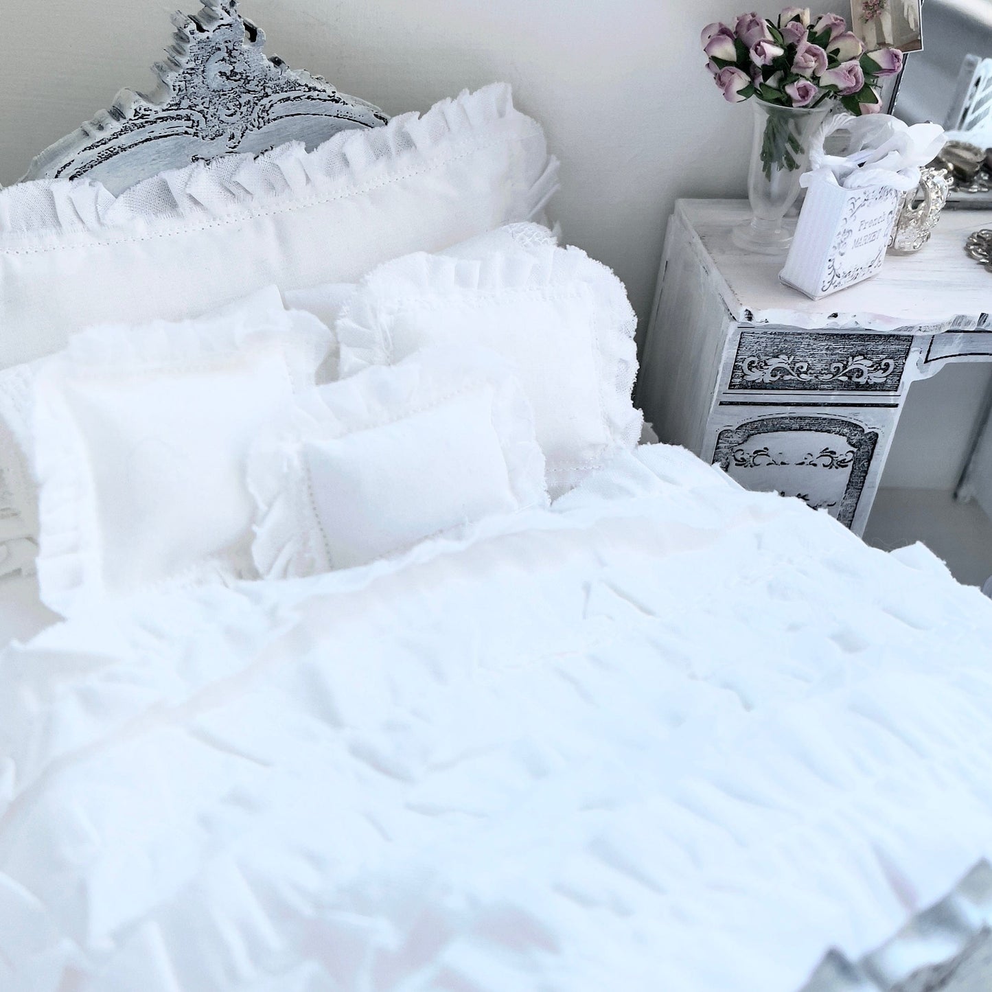 Chantallena White Bed Linens double Boundless White | Eight Piece White Cotton with White Ruffles and Pintucks Bedding Set | Ciara