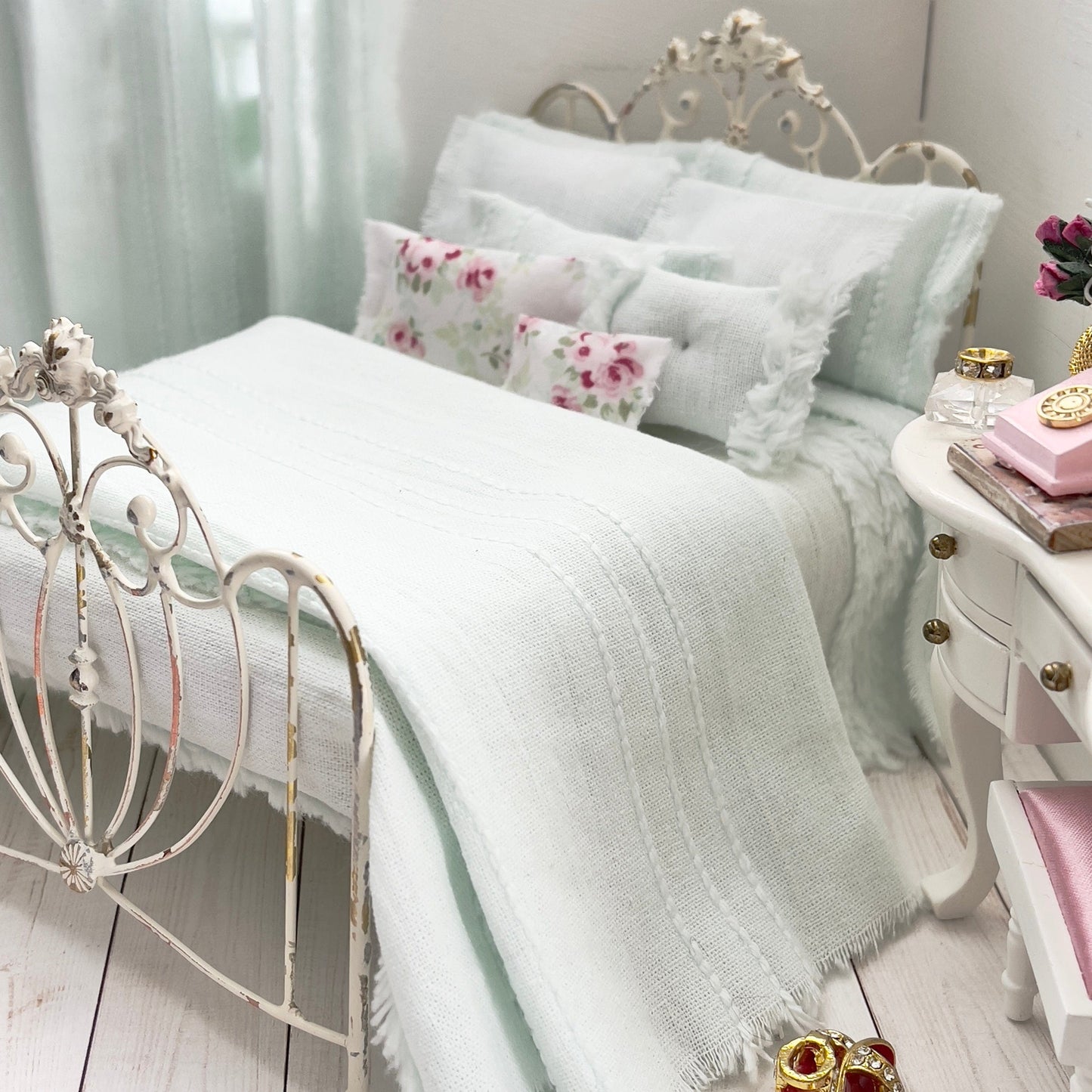 Chantallena White Bed Linens double Torn & Tattered- Ten Piece Hand Frayed Pale Green Cotton Chenille Bedspread Set | Shawna
