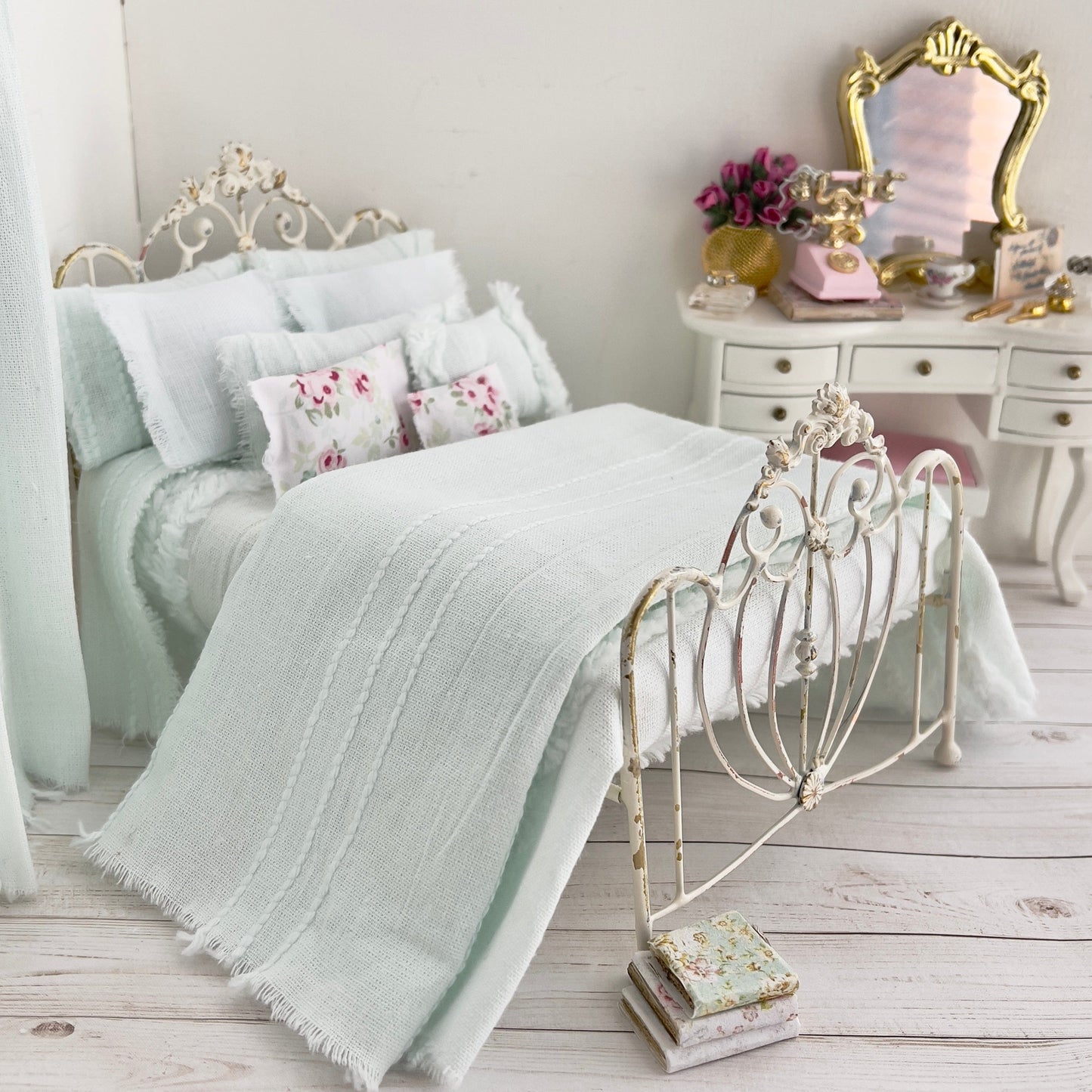 Chantallena White Bed Linens single Torn & Tattered- Ten Piece Hand Frayed Pale Green Cotton Chenille Bedspread Set | Shawna