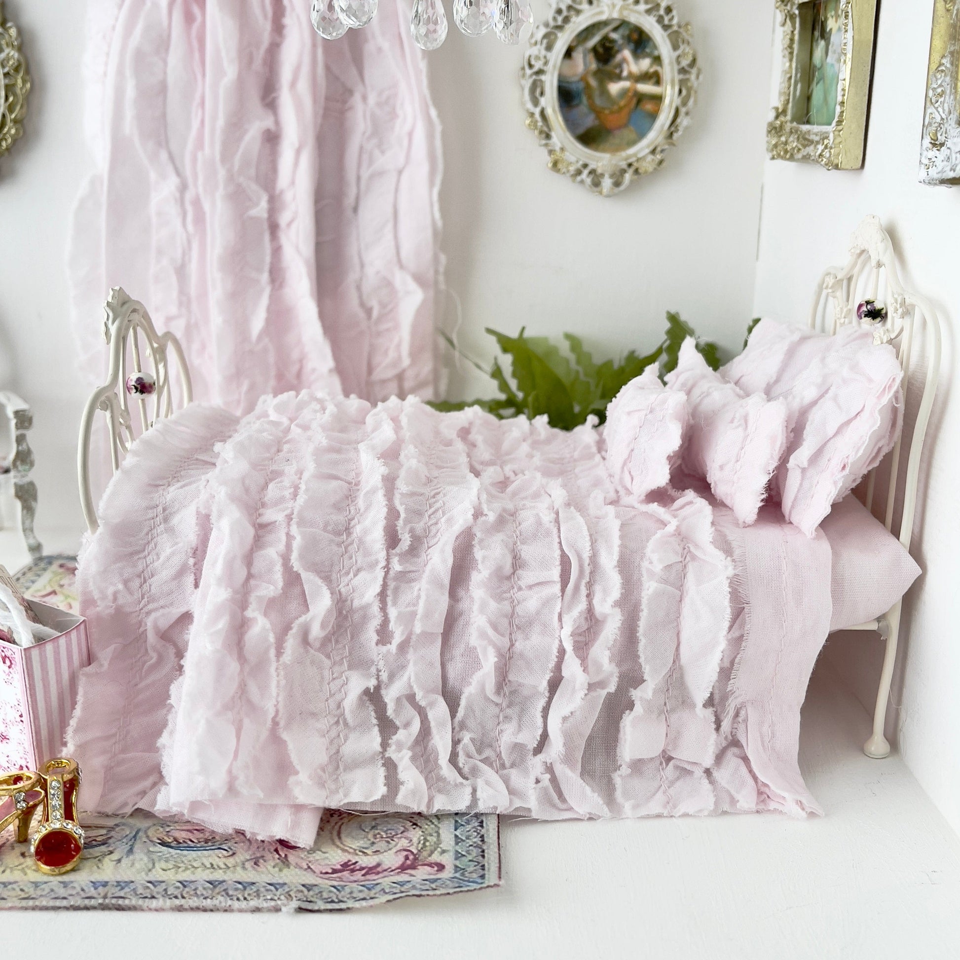 Chantallena White Bed Linens Tattered Romance |  Pink Cotton Lawn Distressed Ruffles Set | Emma
