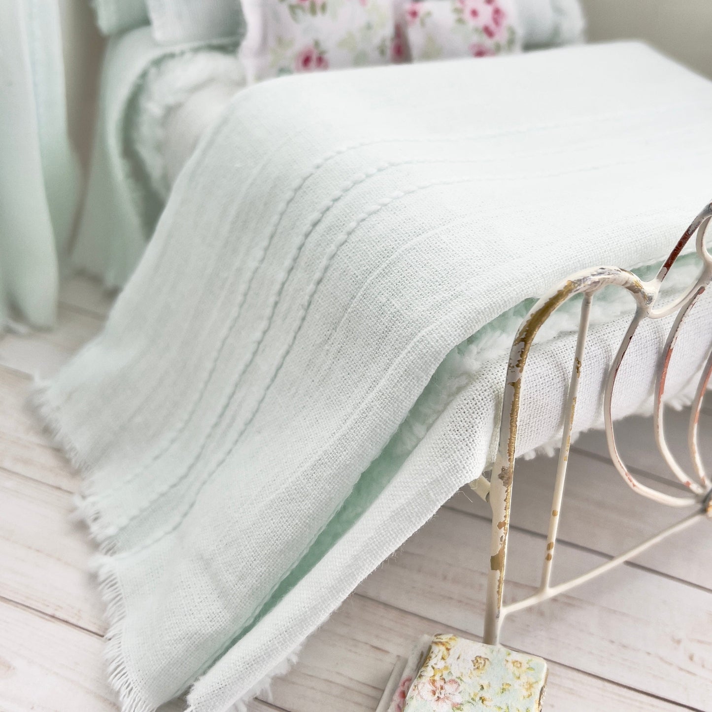 Chantallena White Bed Linens Torn & Tattered- Ten Piece Hand Frayed Pale Green Cotton Chenille Bedspread Set | Shawna