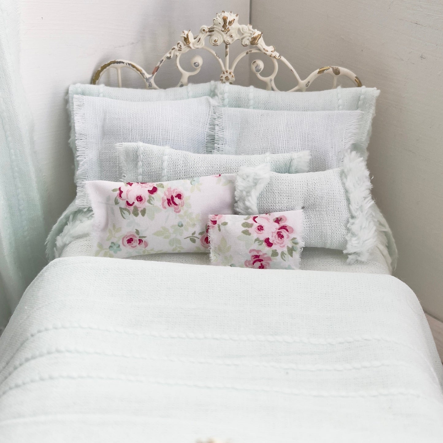 Chantallena White Bed Linens Torn & Tattered- Ten Piece Hand Frayed Pale Green Cotton Chenille Bedspread Set | Shawna