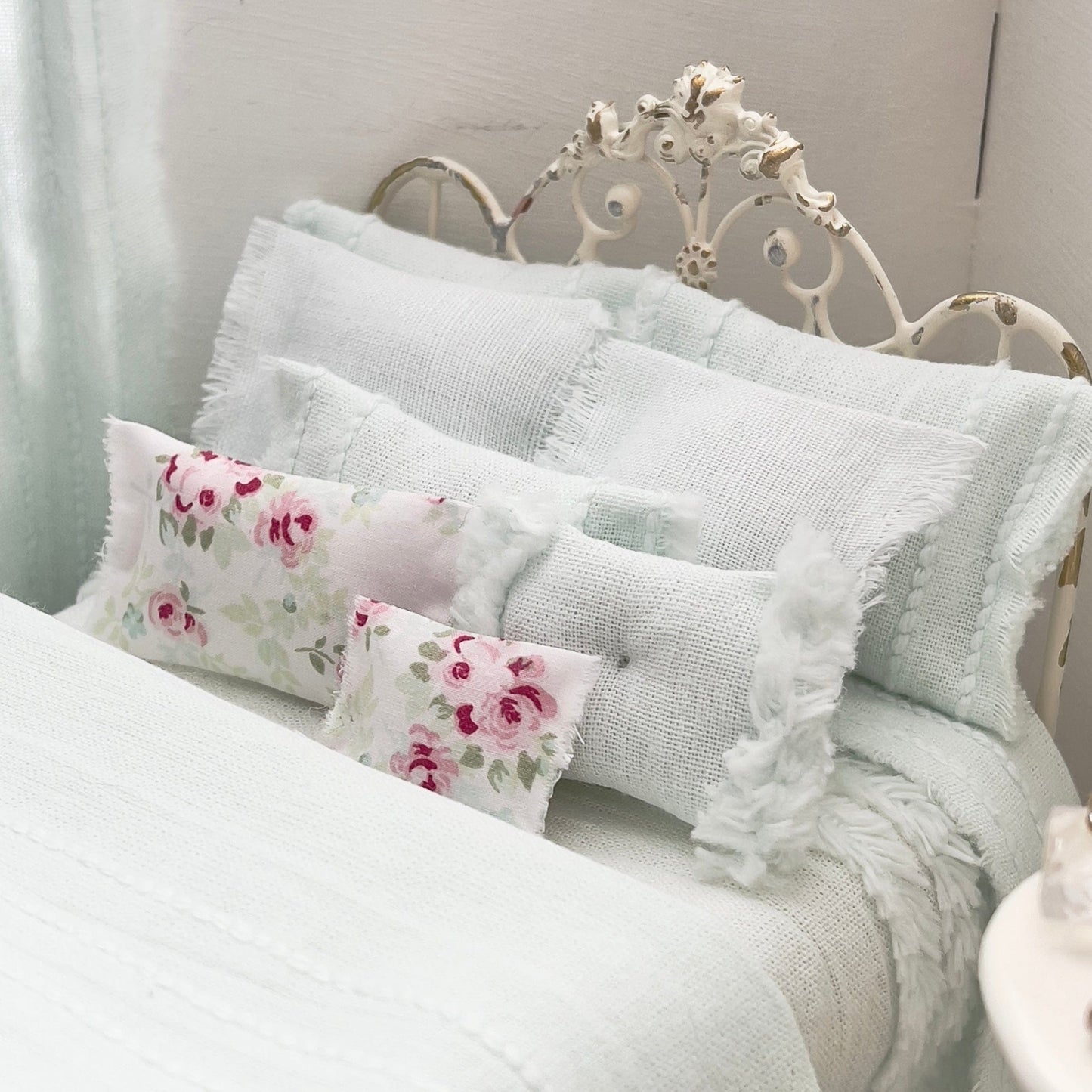 Chantallena White Bed Linens Torn & Tattered- Ten Piece Hand Frayed Pale Green Cotton Chenille Bedspread Set | Shawna