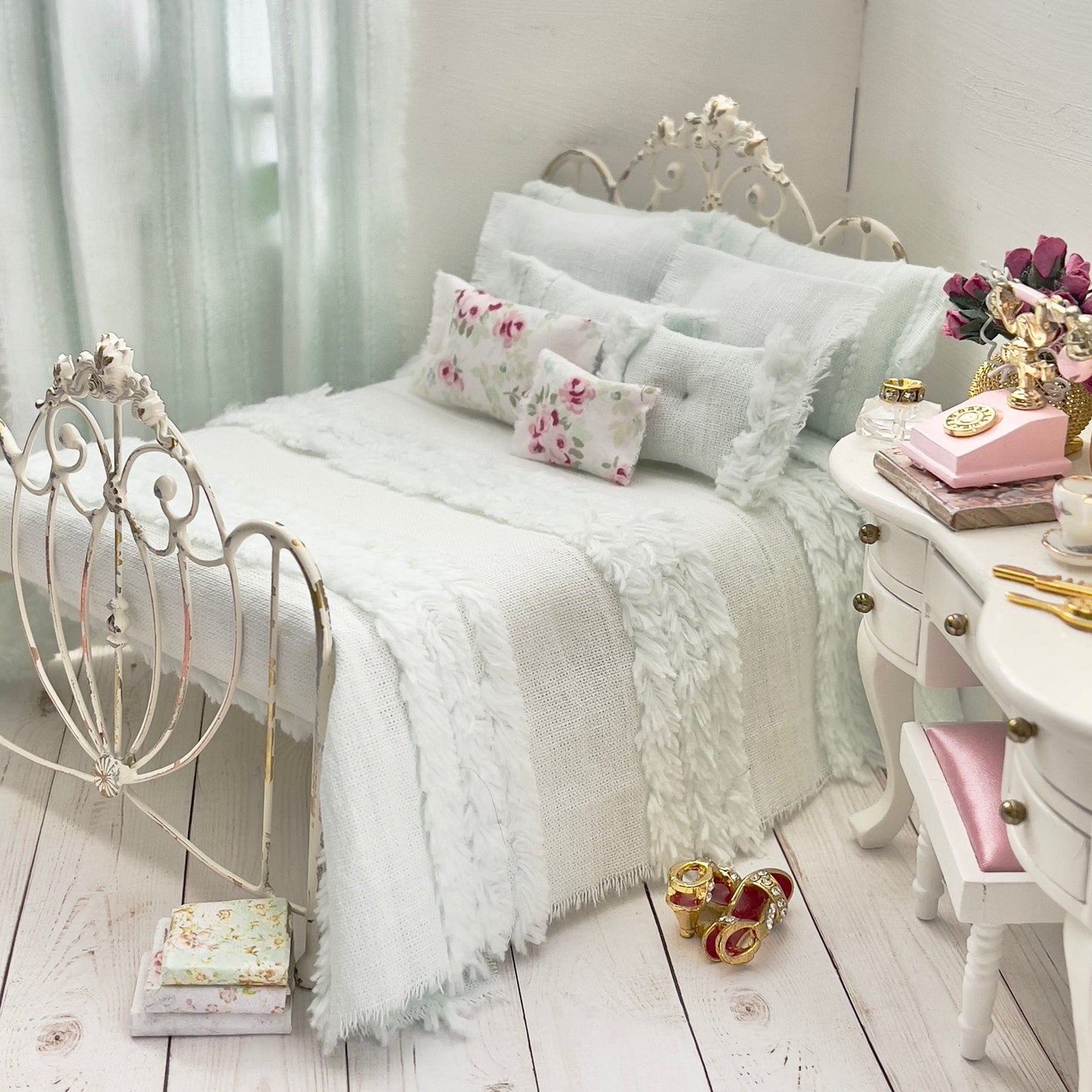 Chantallena White Bed Linens Torn & Tattered- Ten Piece Hand Frayed Pale Green Cotton Chenille Bedspread Set | Shawna