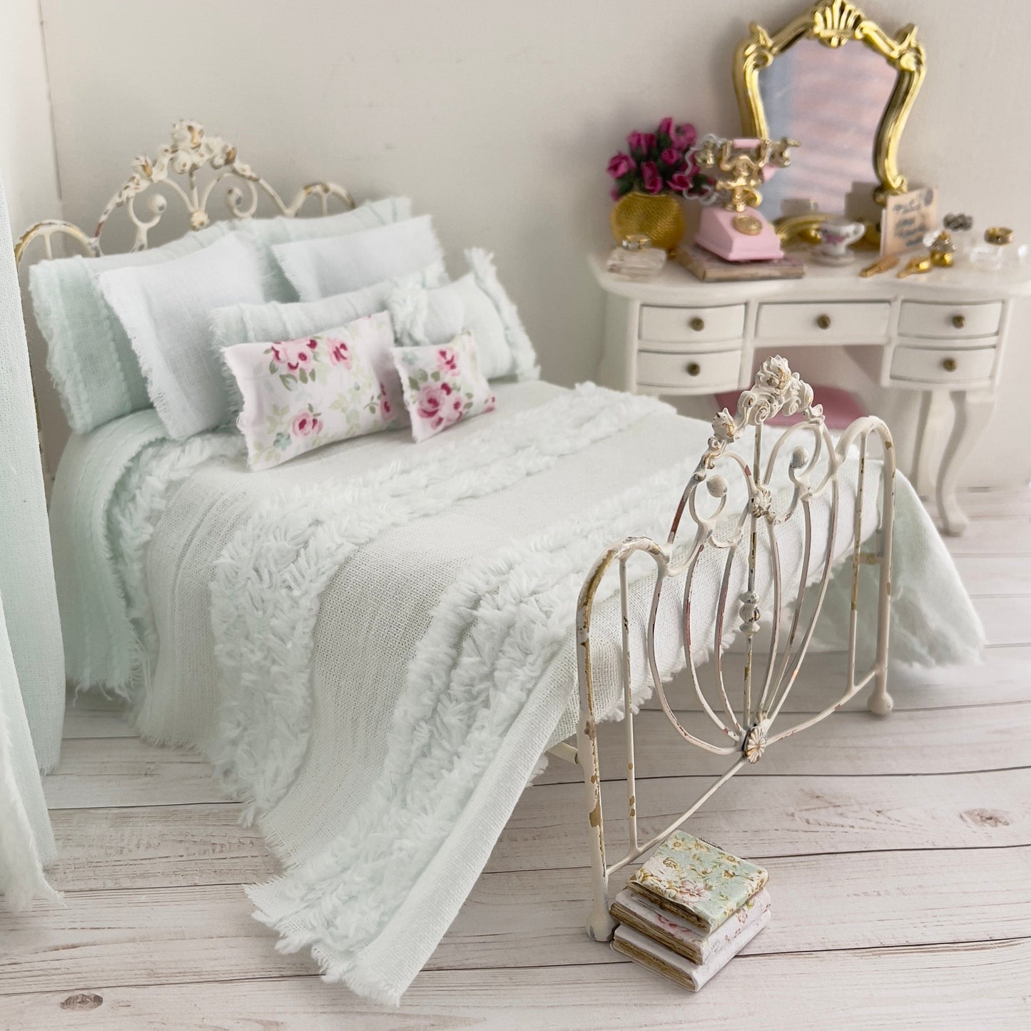 Chantallena White Bed Linens Torn & Tattered- Ten Piece Hand Frayed Pale Green Cotton Chenille Bedspread Set | Shawna