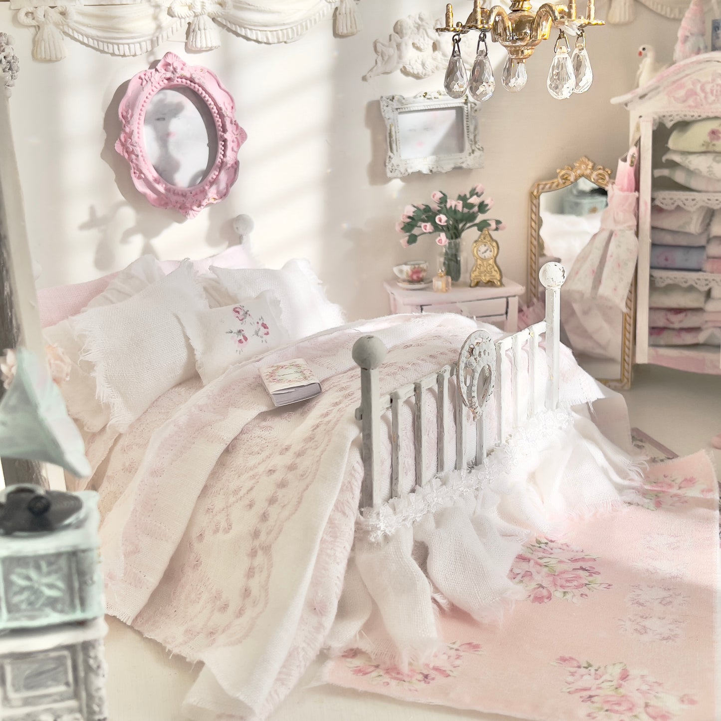 Dressed 1:12 Scale Bed | White and Pink Embroidered Linen| Pink Embrace