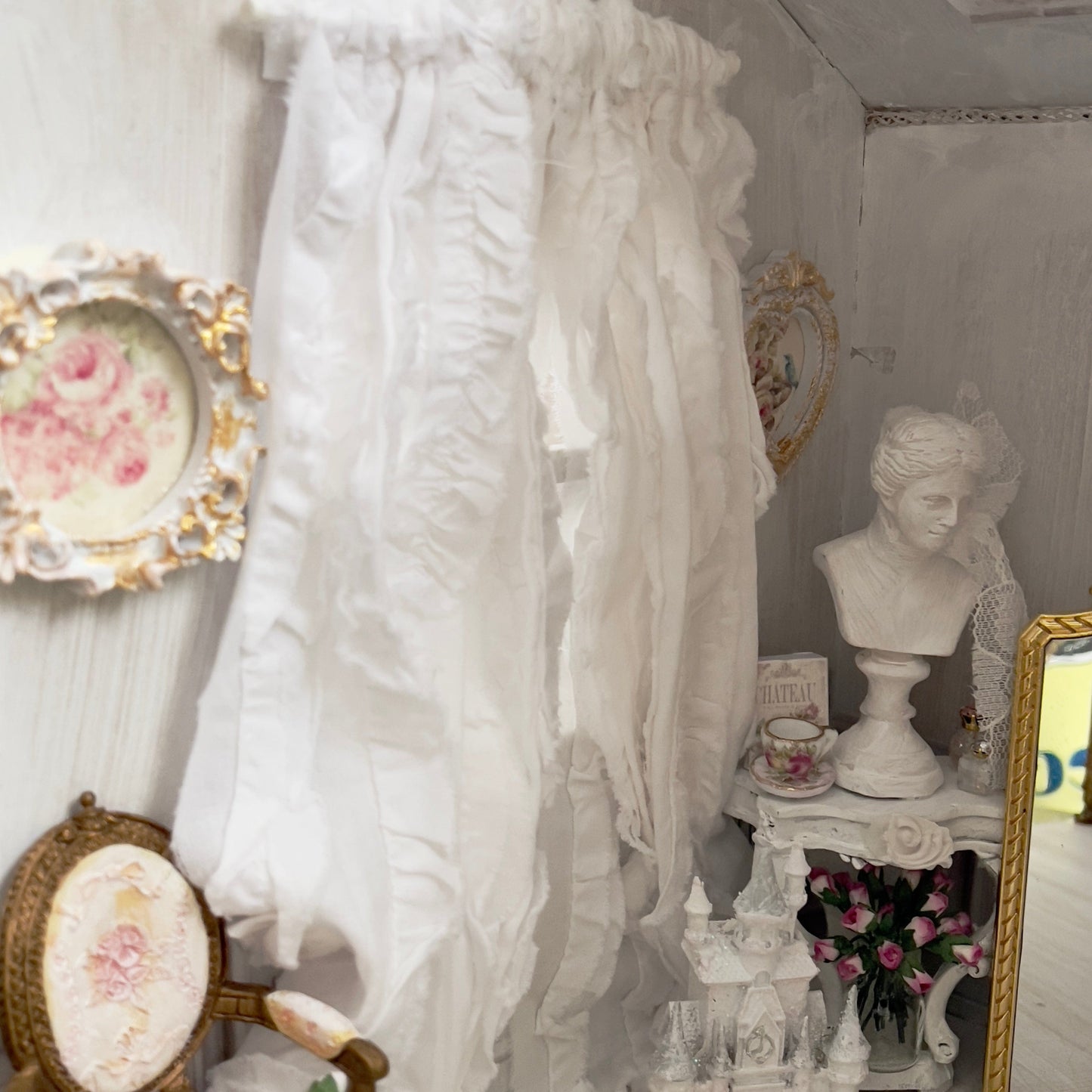 :12 scale handcrafted and romantic handcrafted White cotton ruffles dollhouse romantic curtains by chantallena doll house