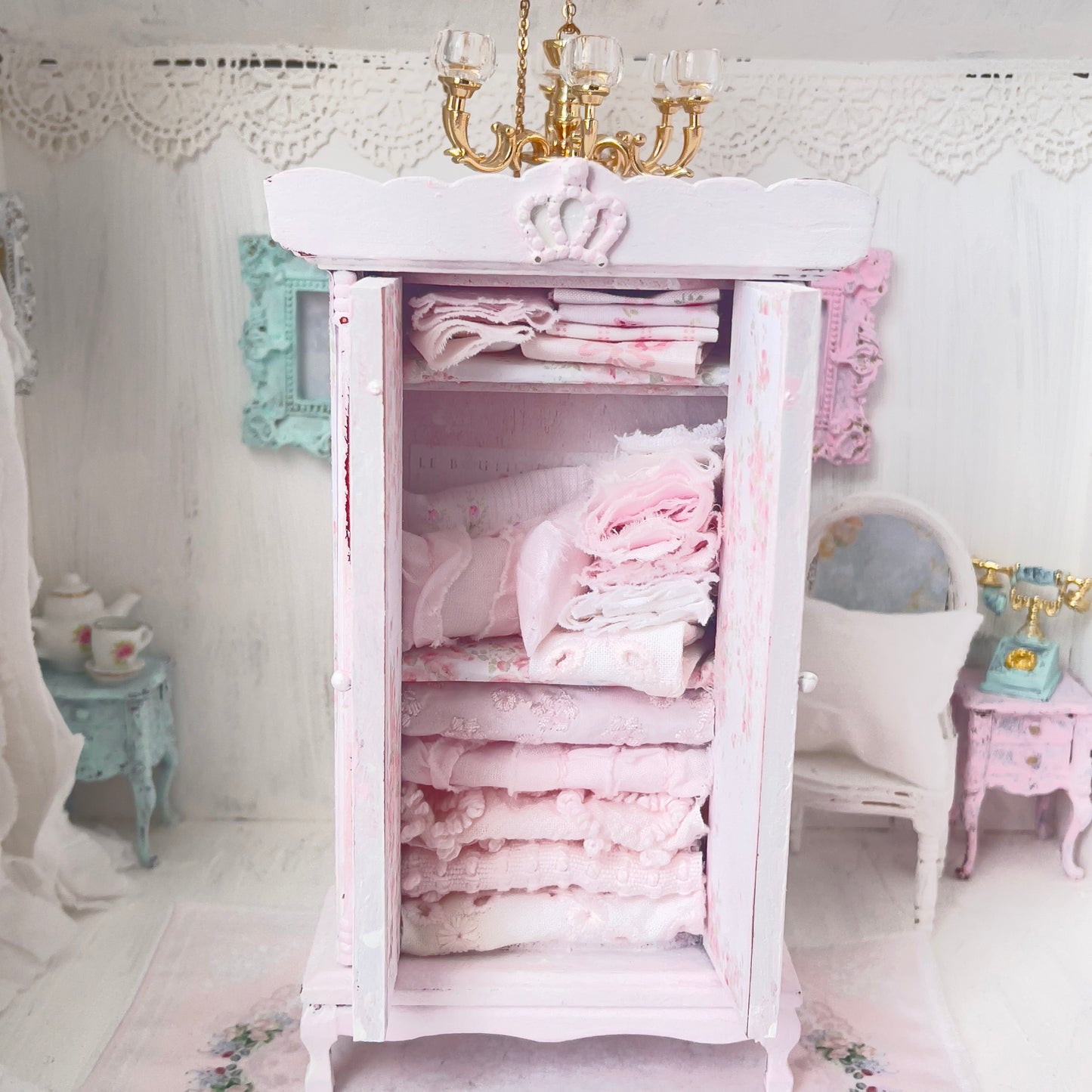 Armoire | Wooden Shabby Pink Distressed with Linens| Painted Petals Furniture