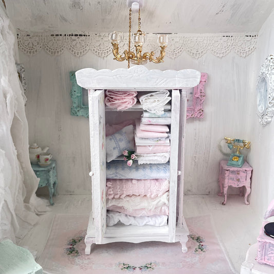 Armoire | Wooden Shabby White Distressed with Linens |Painted Petals Furniture