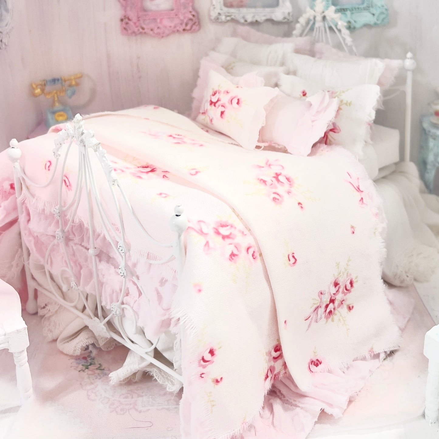 Dressed 1:12 Scale Bed | White and Pink Shabby Roses with Pink Ruffled Bedspread| All About the Roses