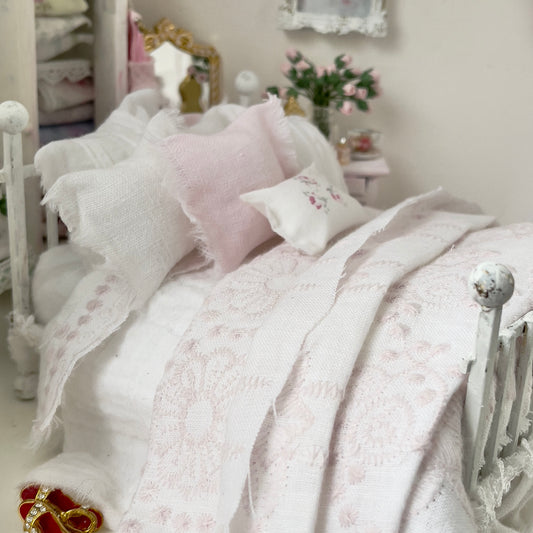 Dressed 1:12 Scale Bed | White and Pink Embroidered Linen| Pink Embrace