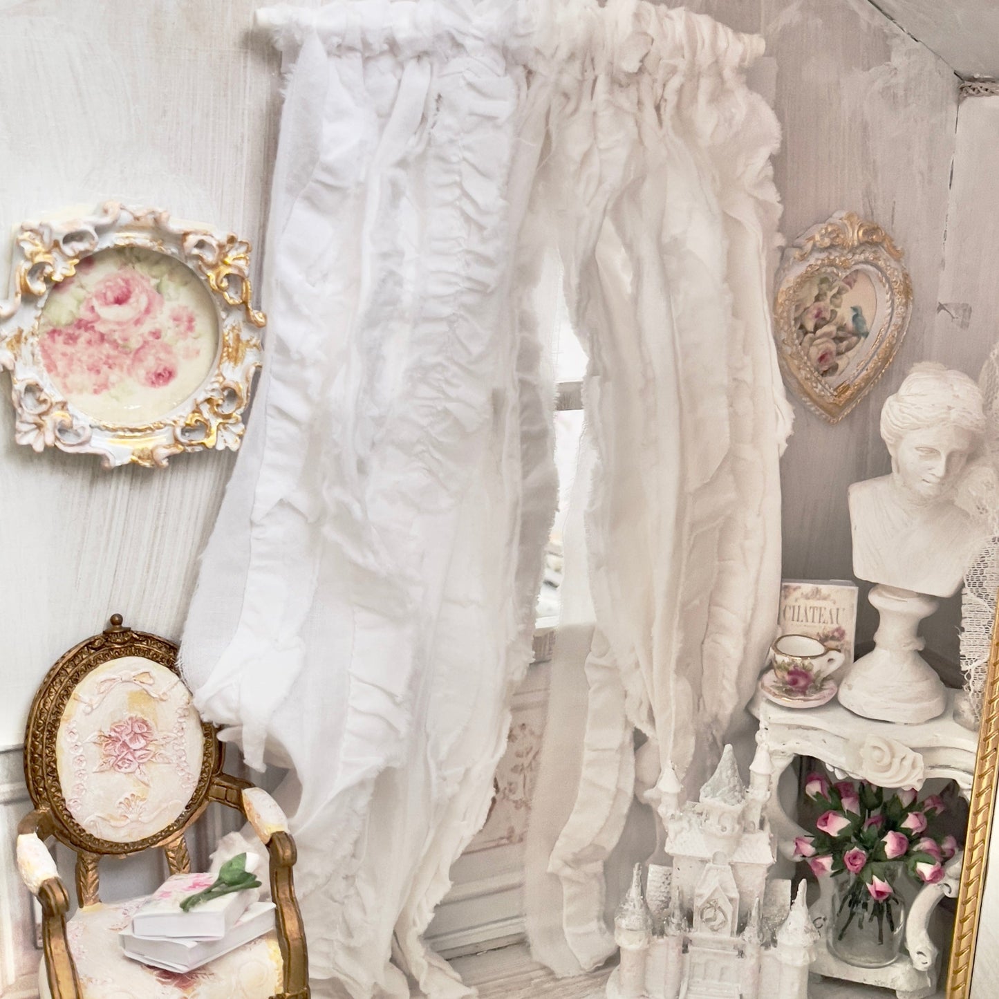 1:12 scale handcrafted White cotton ruffles dollhouse romantic curtains by chantallena doll house