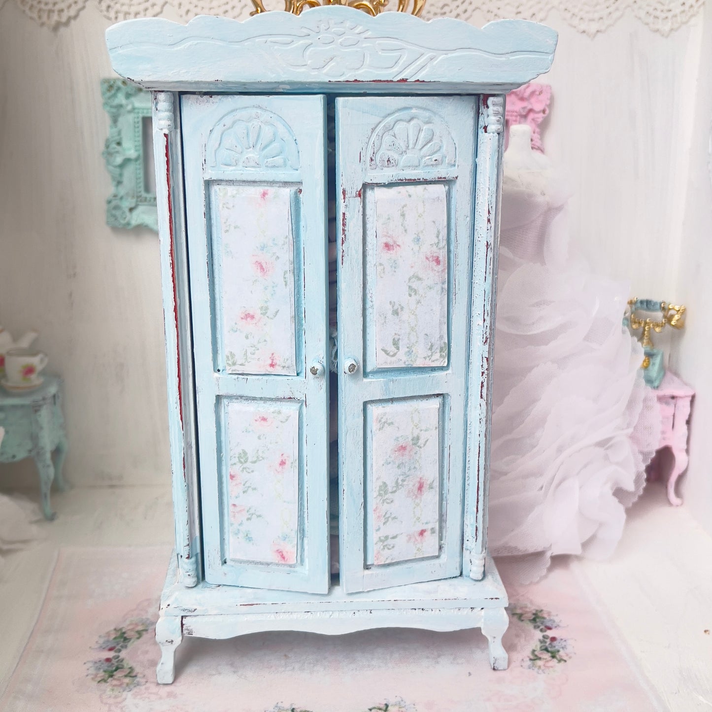 Armoire| Wooden Pale Blue Distressed with Linens| Painted Petals Furniture