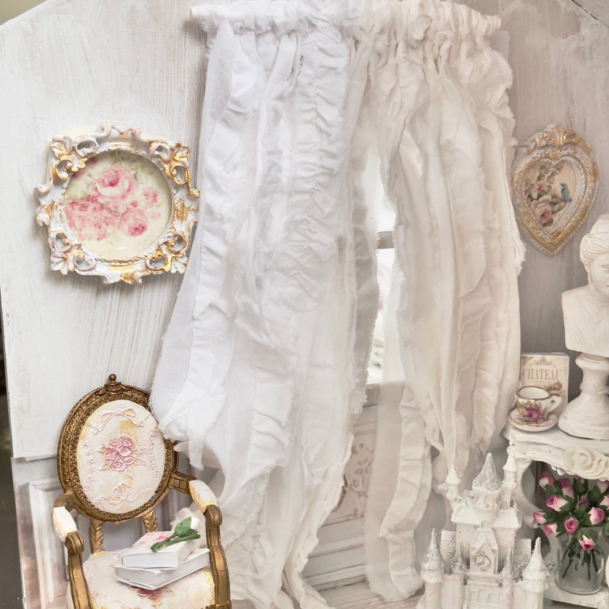 1:12 scale handcrafted and romantic White cotton ruffles dollhouse curtains by chantallena doll house