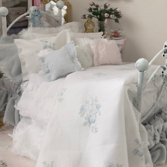 Dressed 1:12 Scale Bed | Pale Blue and White Linen/ Cotton with Blue Roses| Blue Rose Fringe
