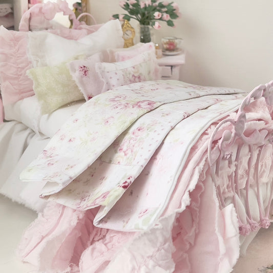 Dressed 1:12 Scale Bed | Pink Shabby Quilt with White Bedding and Pink Ruffled Bedspread|Quilted Rose