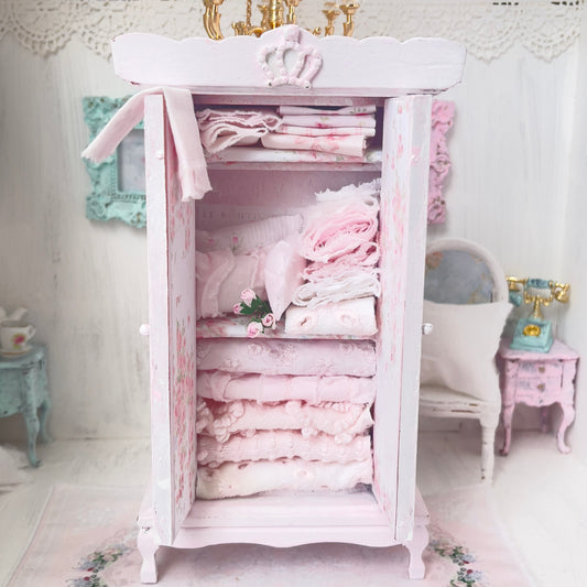 Armoire | Wooden Shabby Pink Distressed with Linens| Painted Petals Furniture