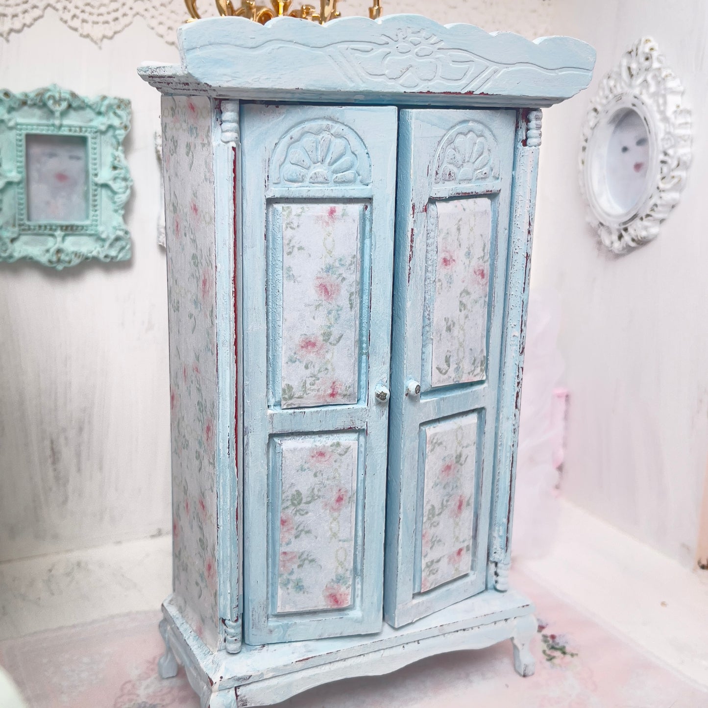 Armoire| Wooden Pale Blue Distressed with Linens| Painted Petals Furniture