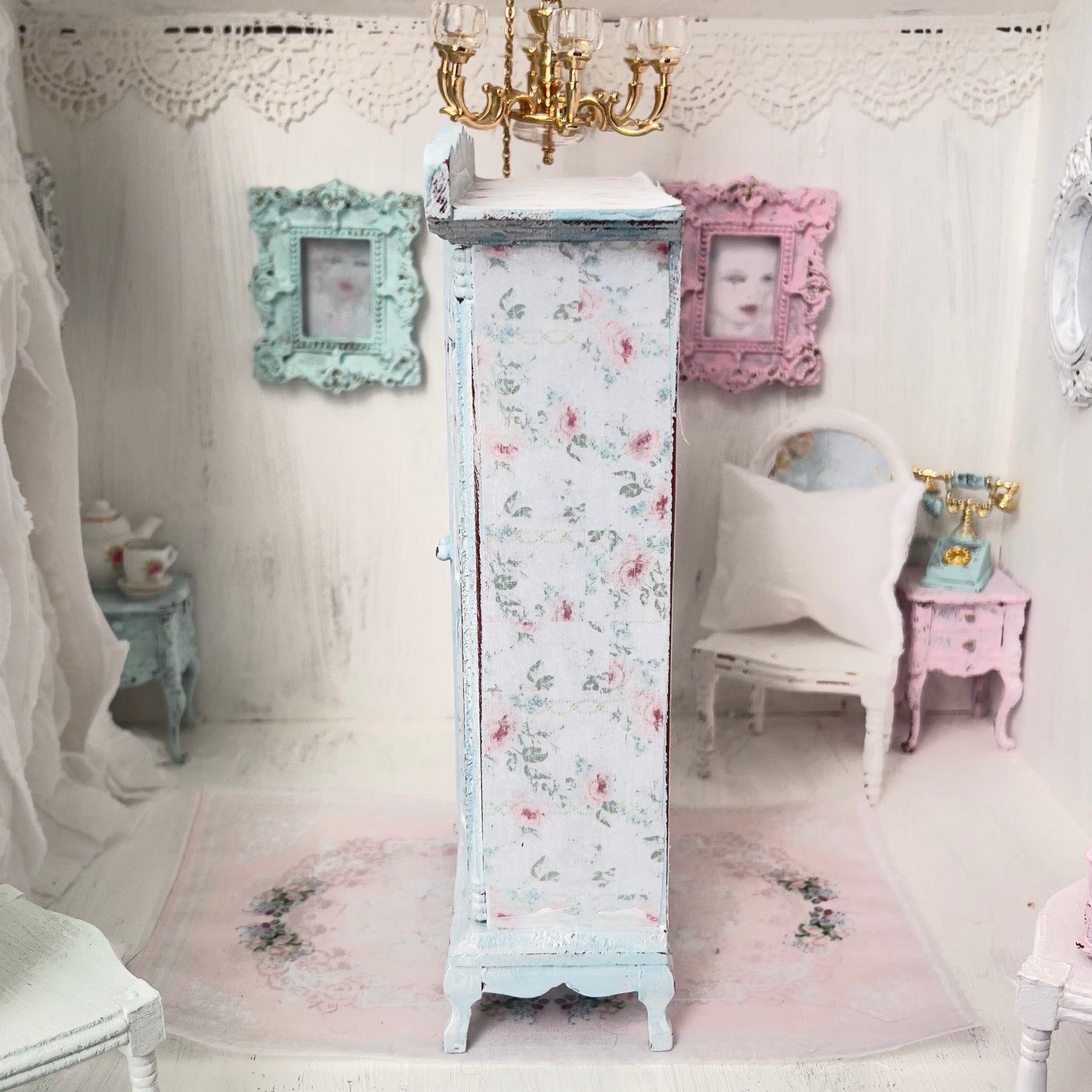Armoire| Wooden Pale Blue Distressed with Linens| Painted Petals Furniture