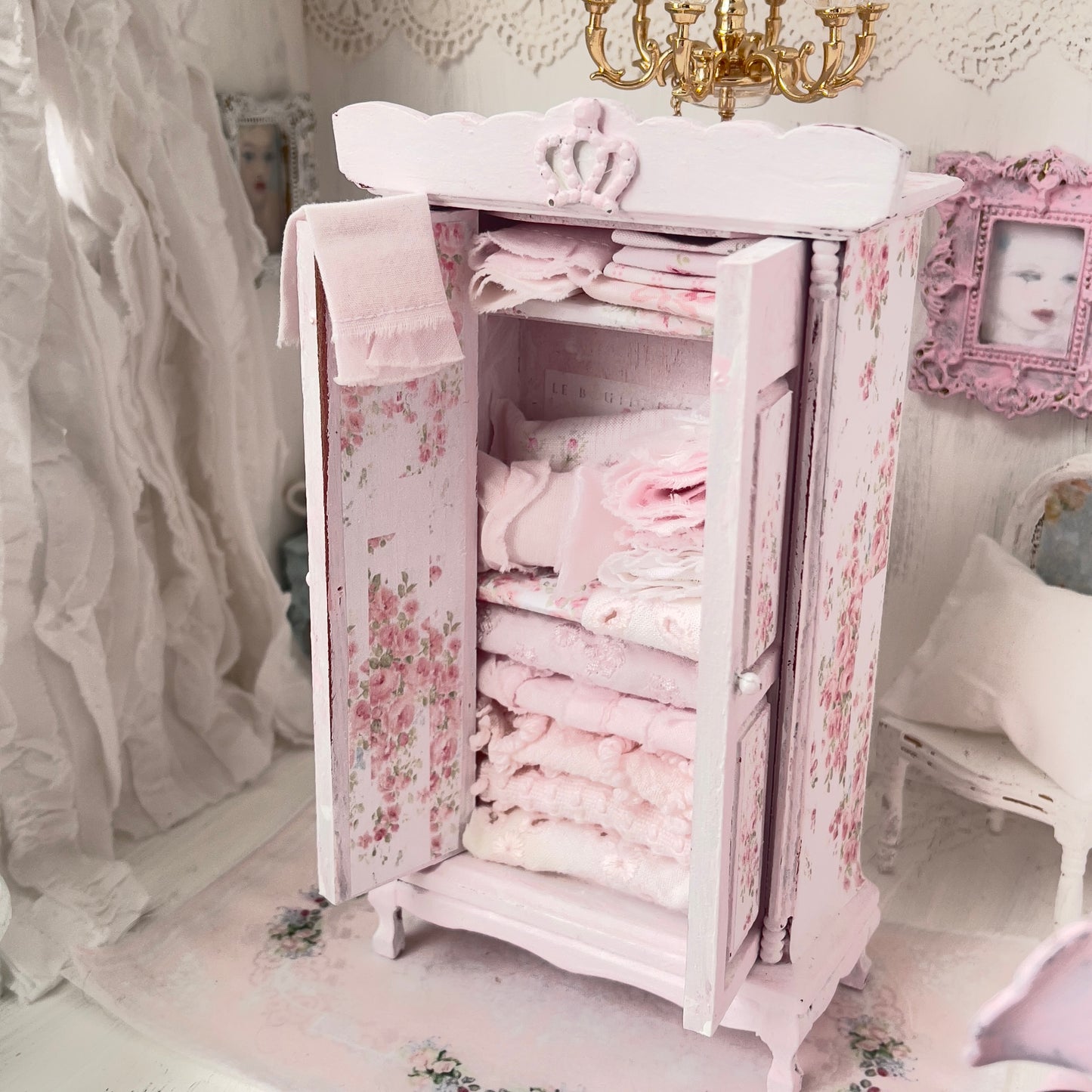 Armoire | Wooden Shabby Pink Distressed with Linens| Painted Petals Furniture