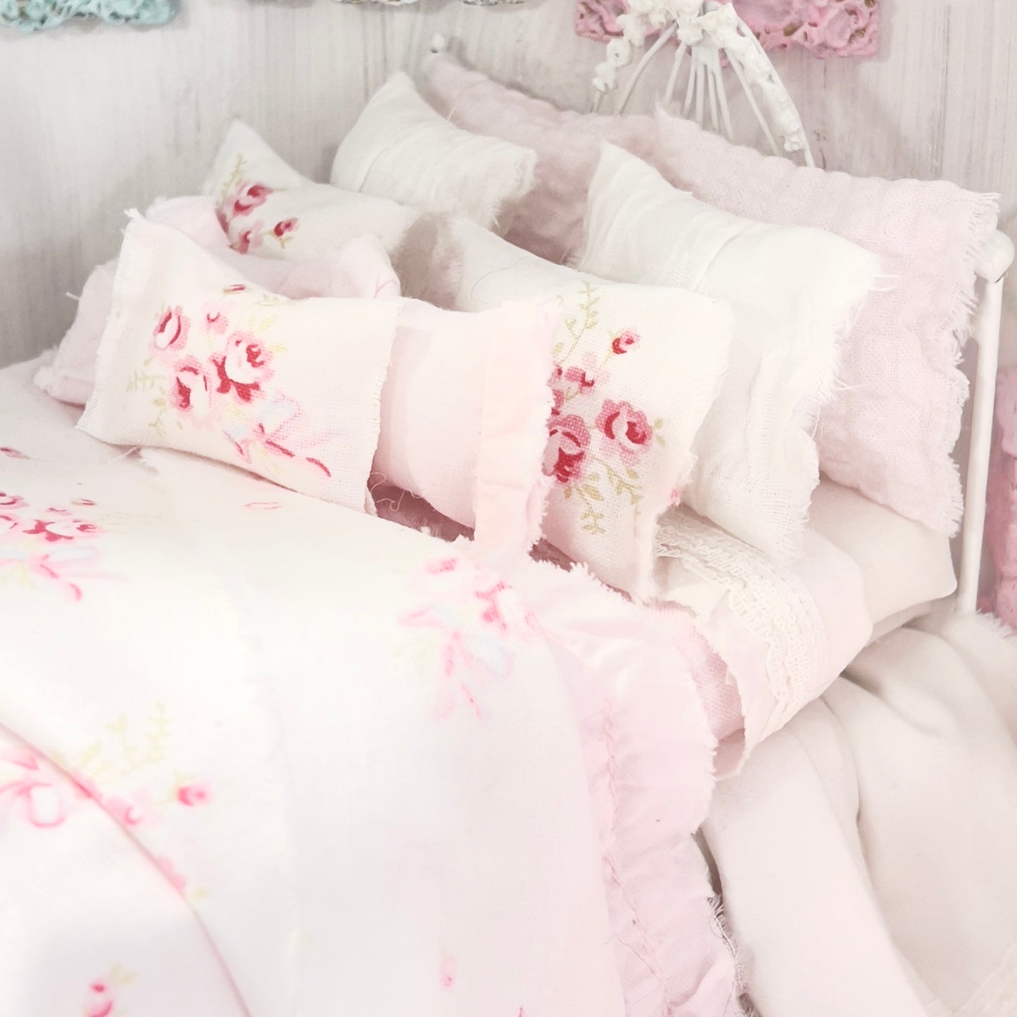 Dressed 1:12 Scale Bed | White and Pink Shabby Roses with Pink Ruffled Bedspread| All About the Roses