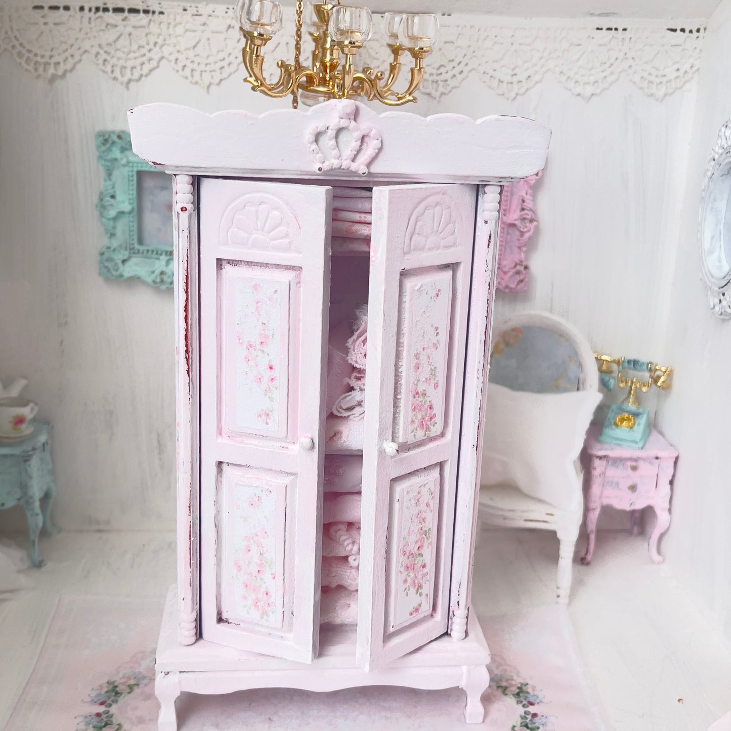 Armoire | Wooden Shabby Pink Distressed with Linens| Painted Petals Furniture