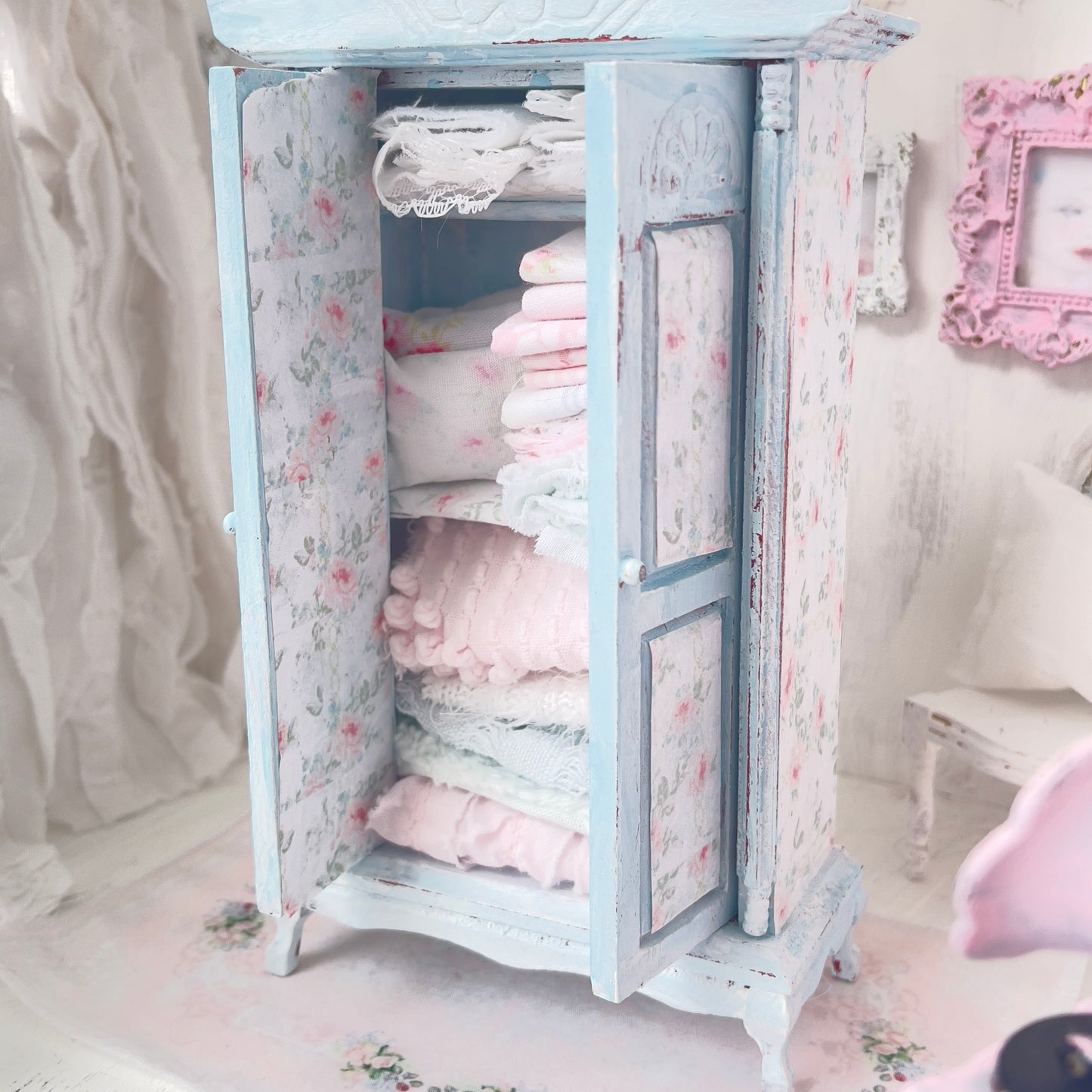 Armoire| Wooden Pale Blue Distressed with Linens| Painted Petals Furniture