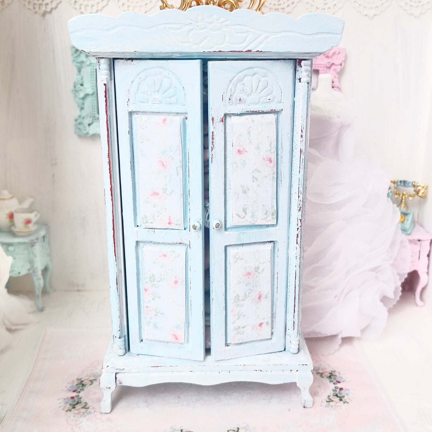 Armoire| Wooden Pale Blue Distressed with Linens| Painted Petals Furniture