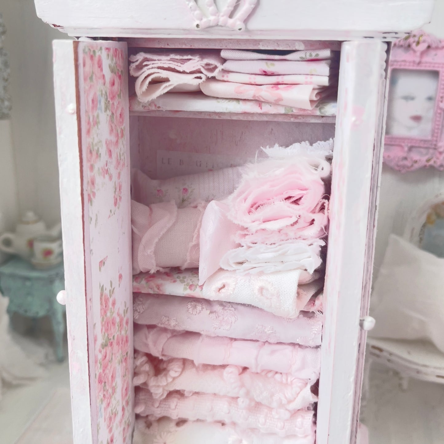 Armoire | Wooden Shabby Pink Distressed with Linens| Painted Petals Furniture