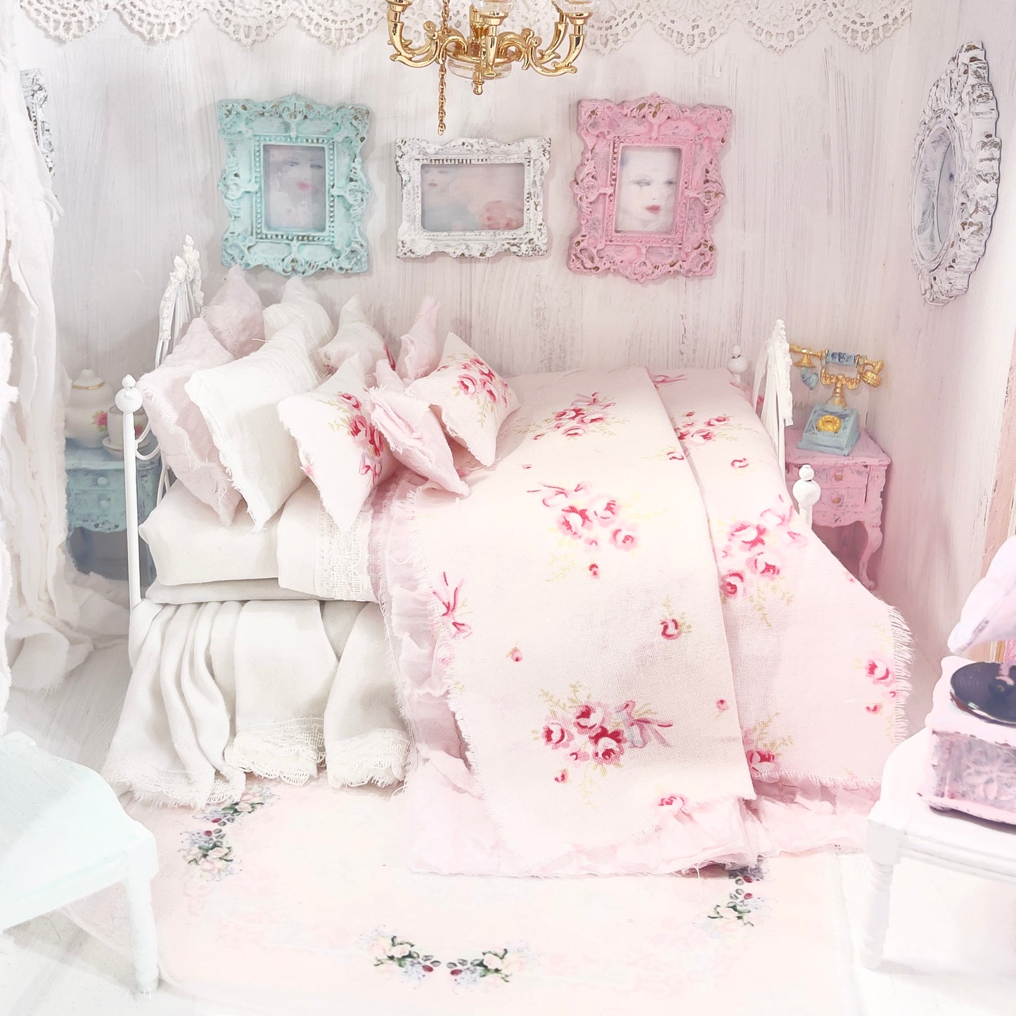 Dressed 1:12 Scale Bed | White and Pink Shabby Roses with Pink Ruffled Bedspread| All About the Roses
