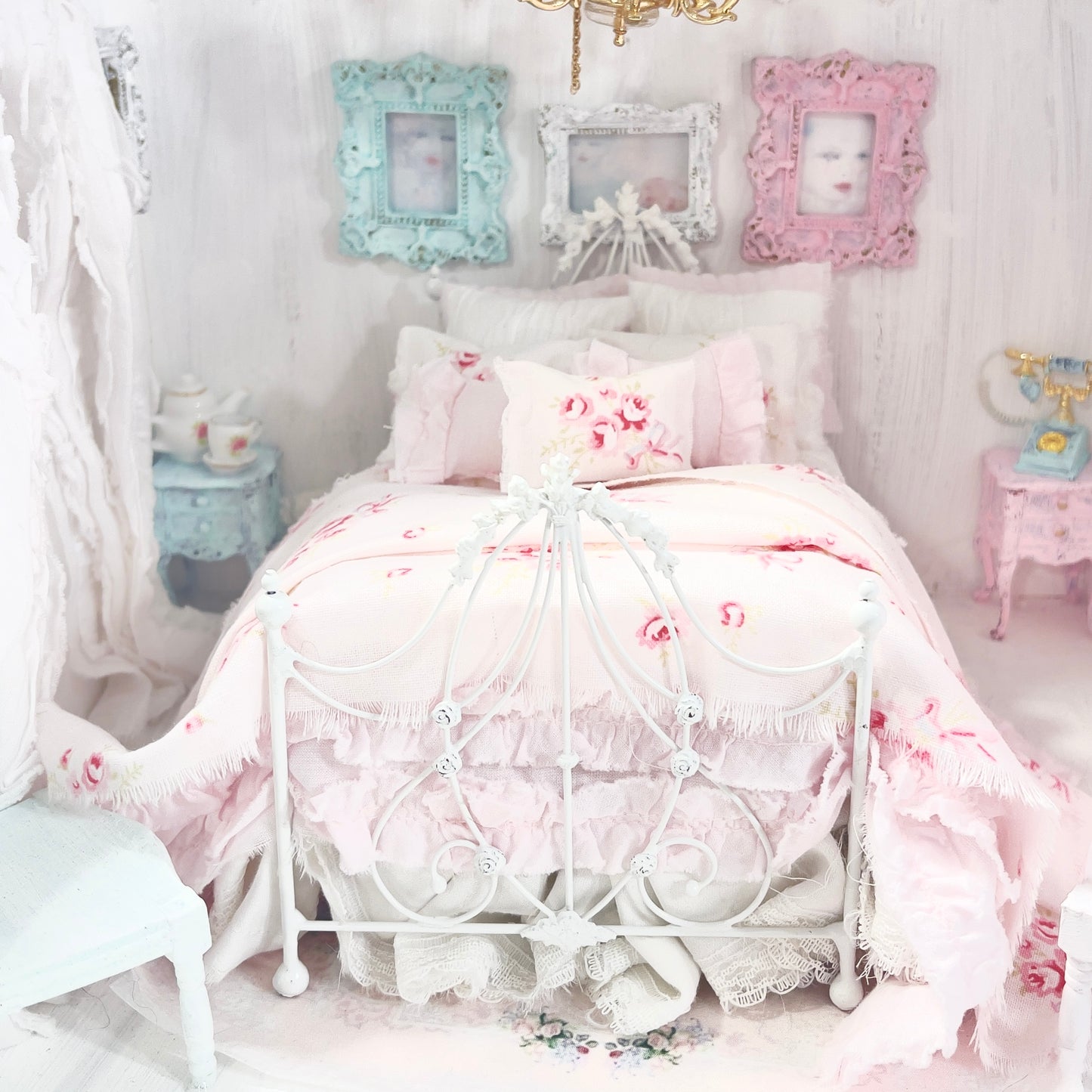 Dressed 1:12 Scale Bed | White and Pink Shabby Roses with Pink Ruffled Bedspread| All About the Roses