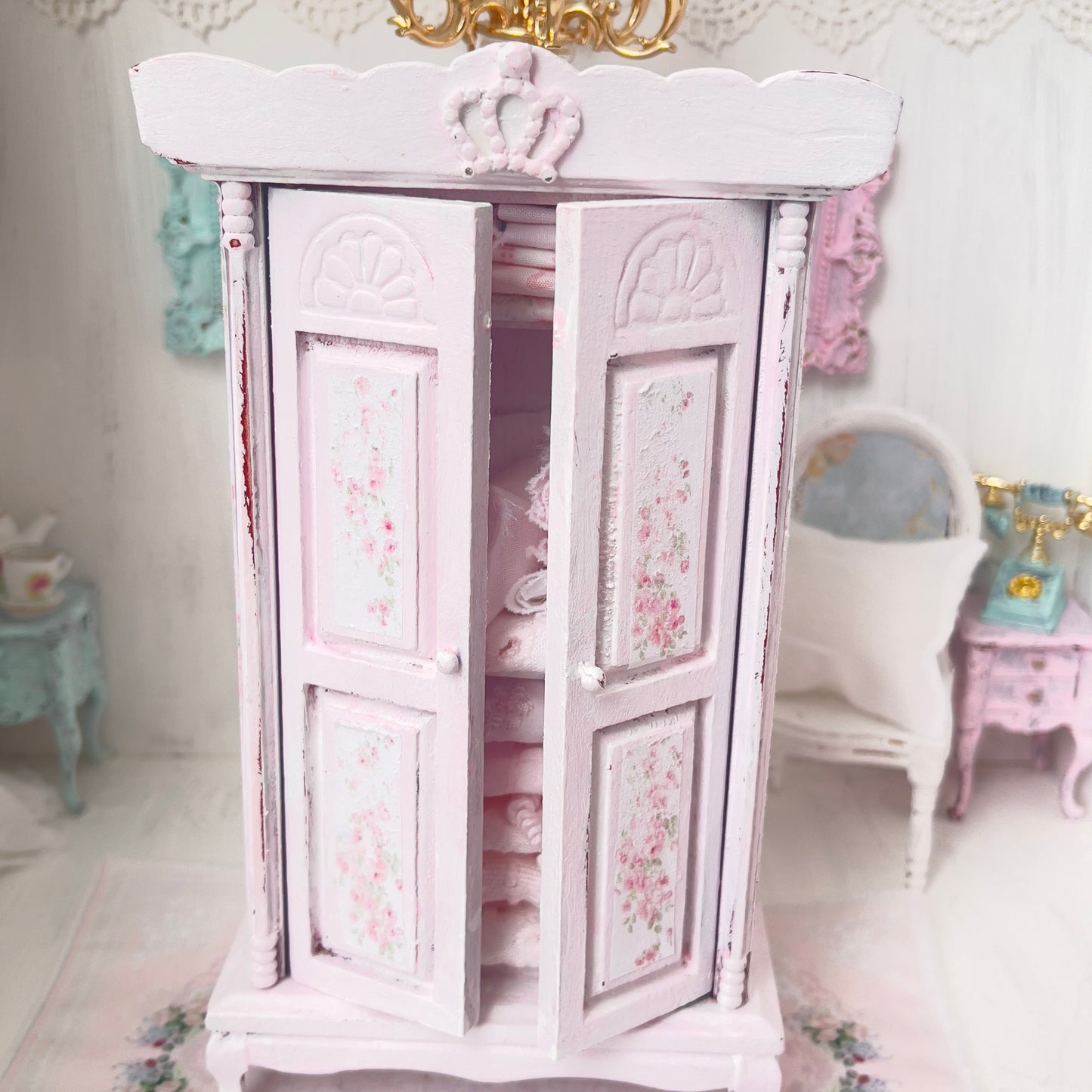 Armoire | Wooden Shabby Pink Distressed with Linens| Painted Petals Furniture