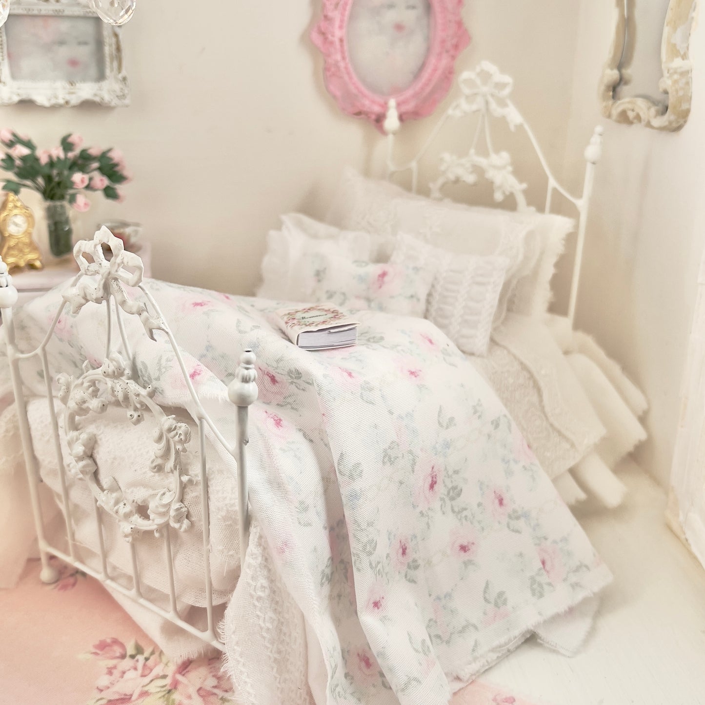 Dressed 1:12 Scale Bed | White Embroidered Cotton with Blue and Pink Shabby |Embroidered Rose