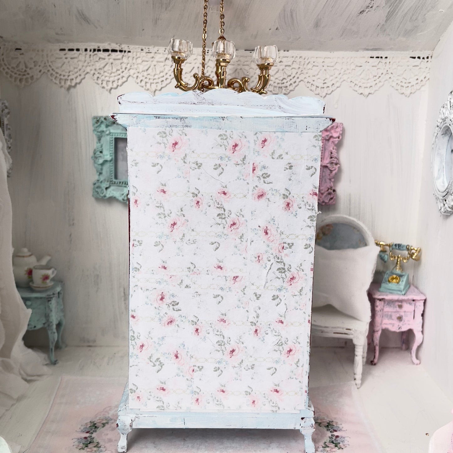 Armoire| Wooden Pale Blue Distressed with Linens| Painted Petals Furniture