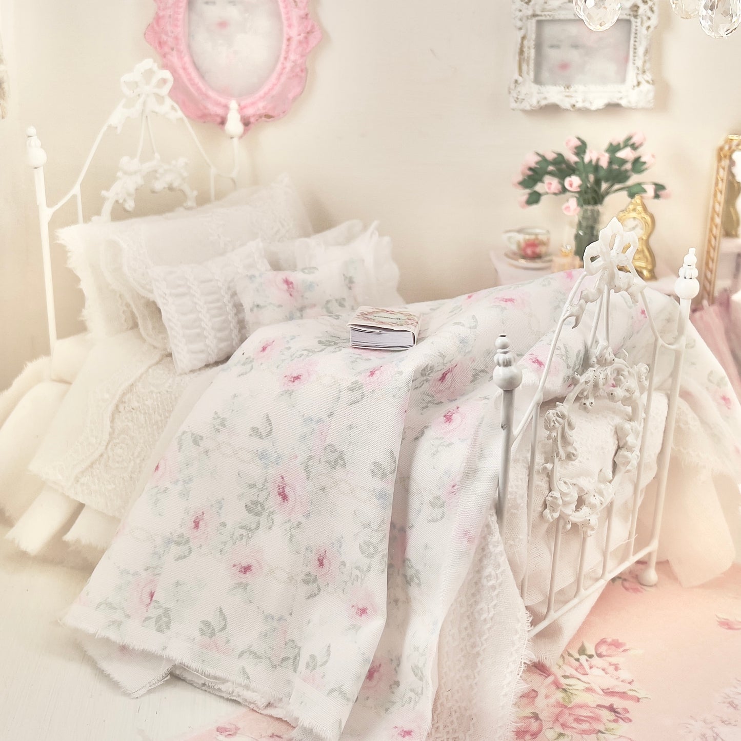 Dressed 1:12 Scale Bed | White Embroidered Cotton with Blue and Pink Shabby |Embroidered Rose