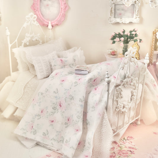 Dressed 1:12 Scale Bed | White Embroidered Cotton with Blue and Pink Shabby |Embroidered Rose