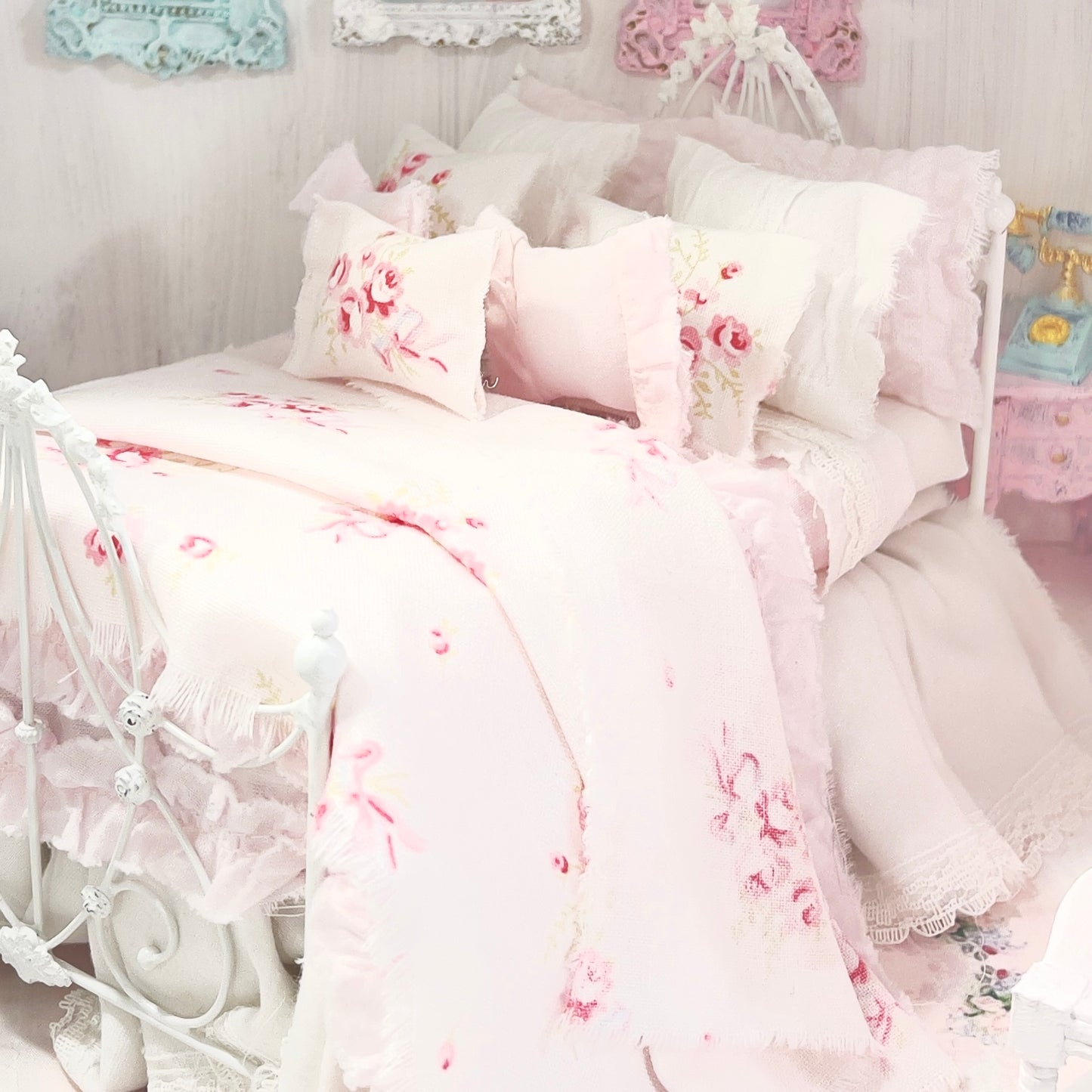 Dressed 1:12 Scale Bed | White and Pink Shabby Roses with Pink Ruffled Bedspread| All About the Roses