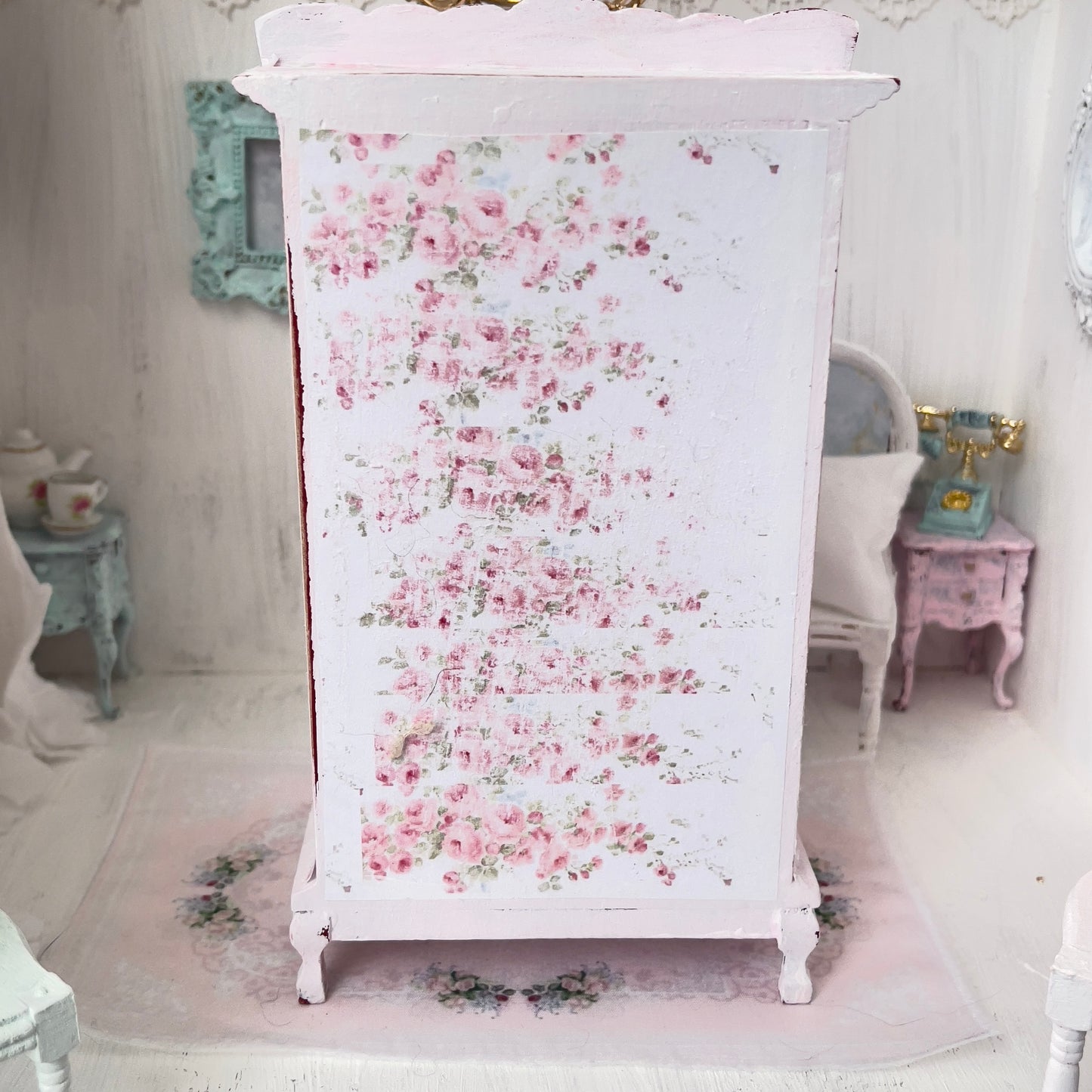 Armoire | Wooden Shabby Pink Distressed with Linens| Painted Petals Furniture