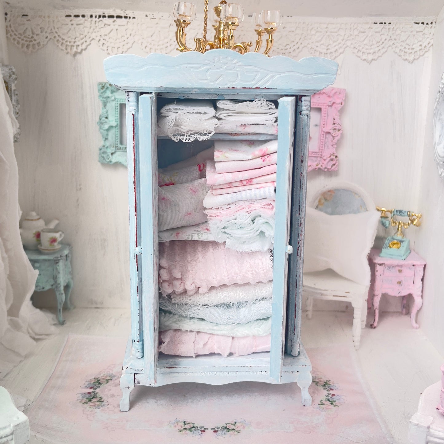 Armoire| Wooden Pale Blue Distressed with Linens| Painted Petals Furniture
