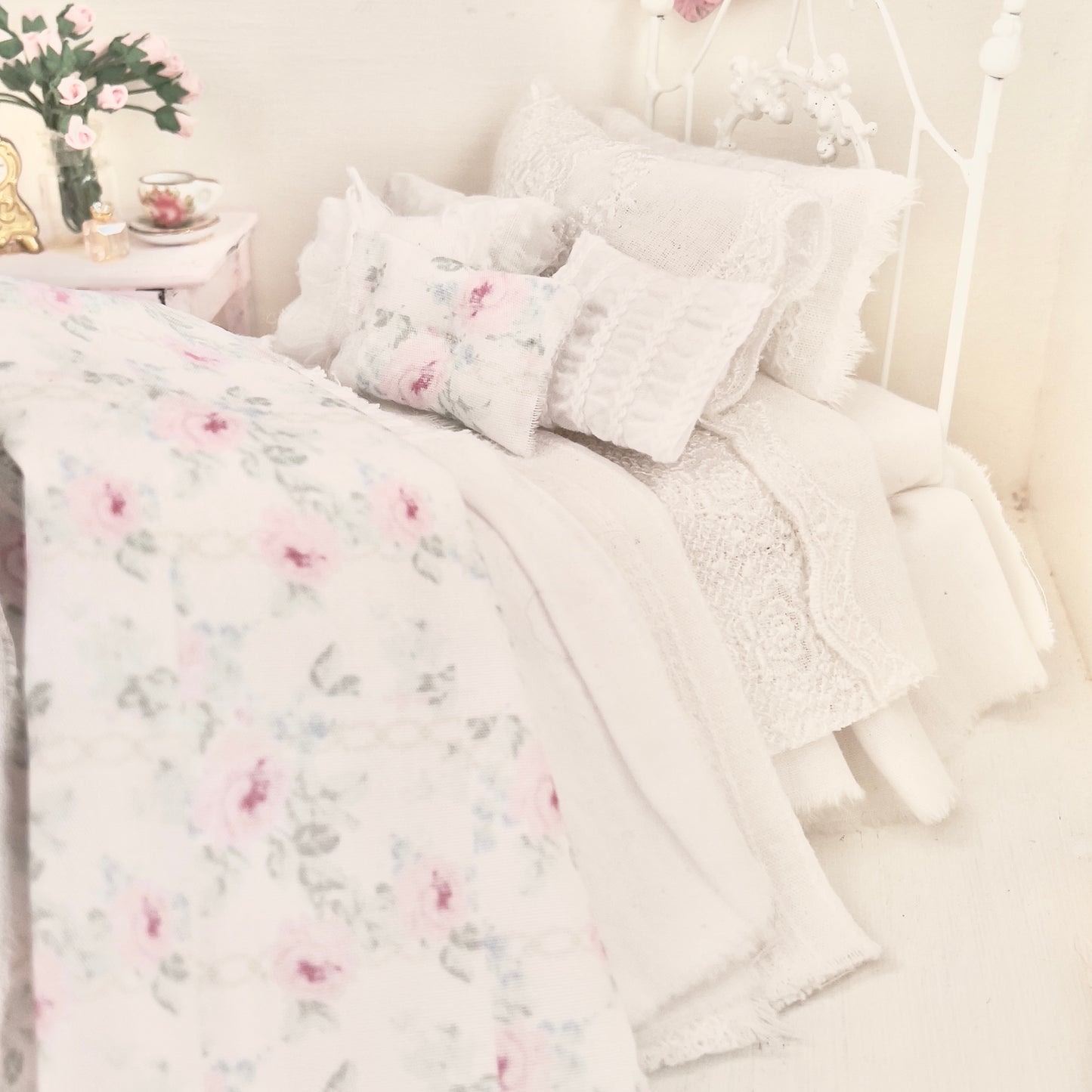 Dressed 1:12 Scale Bed | White Embroidered Cotton with Blue and Pink Shabby |Embroidered Rose