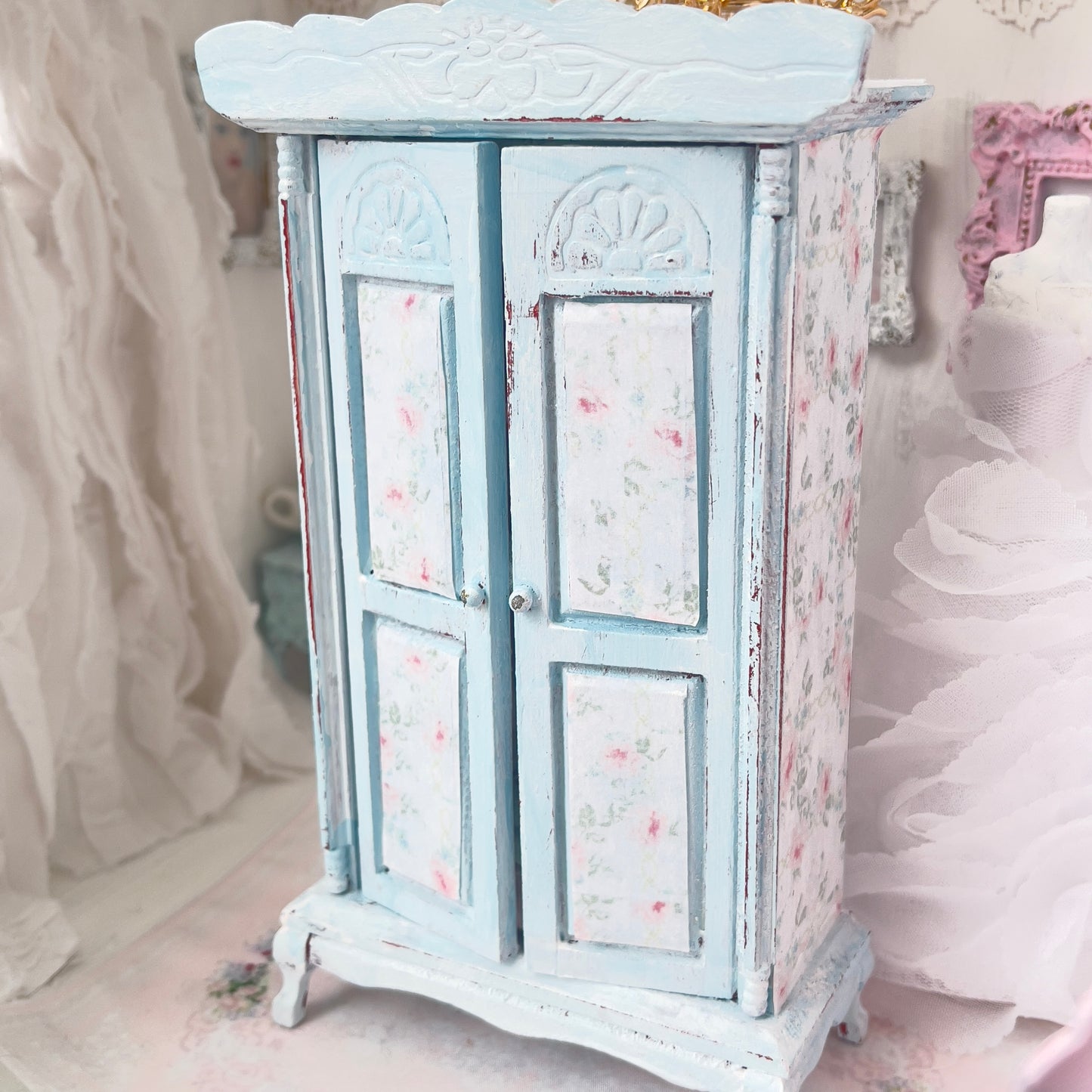 Armoire| Wooden Pale Blue Distressed with Linens| Painted Petals Furniture