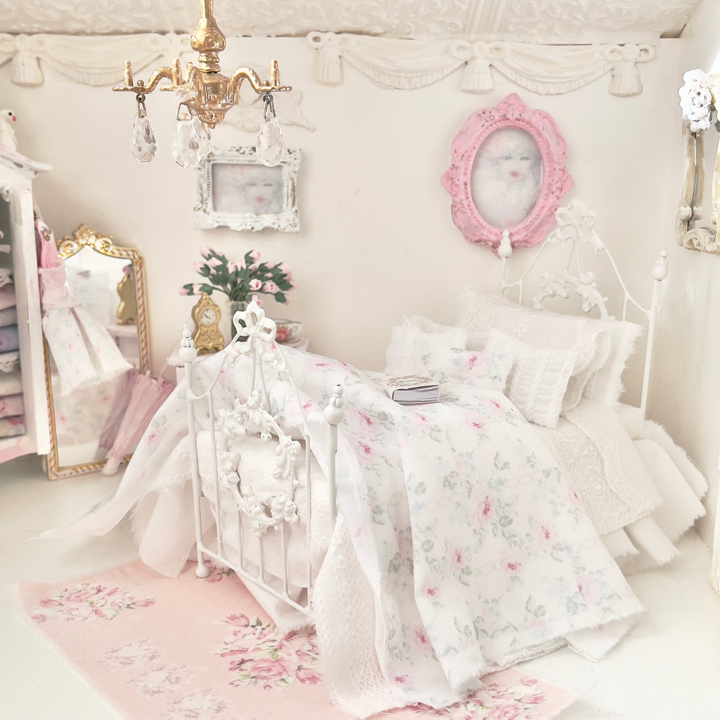 Dressed 1:12 Scale Bed | White Embroidered Cotton with Blue and Pink Shabby |Embroidered Rose