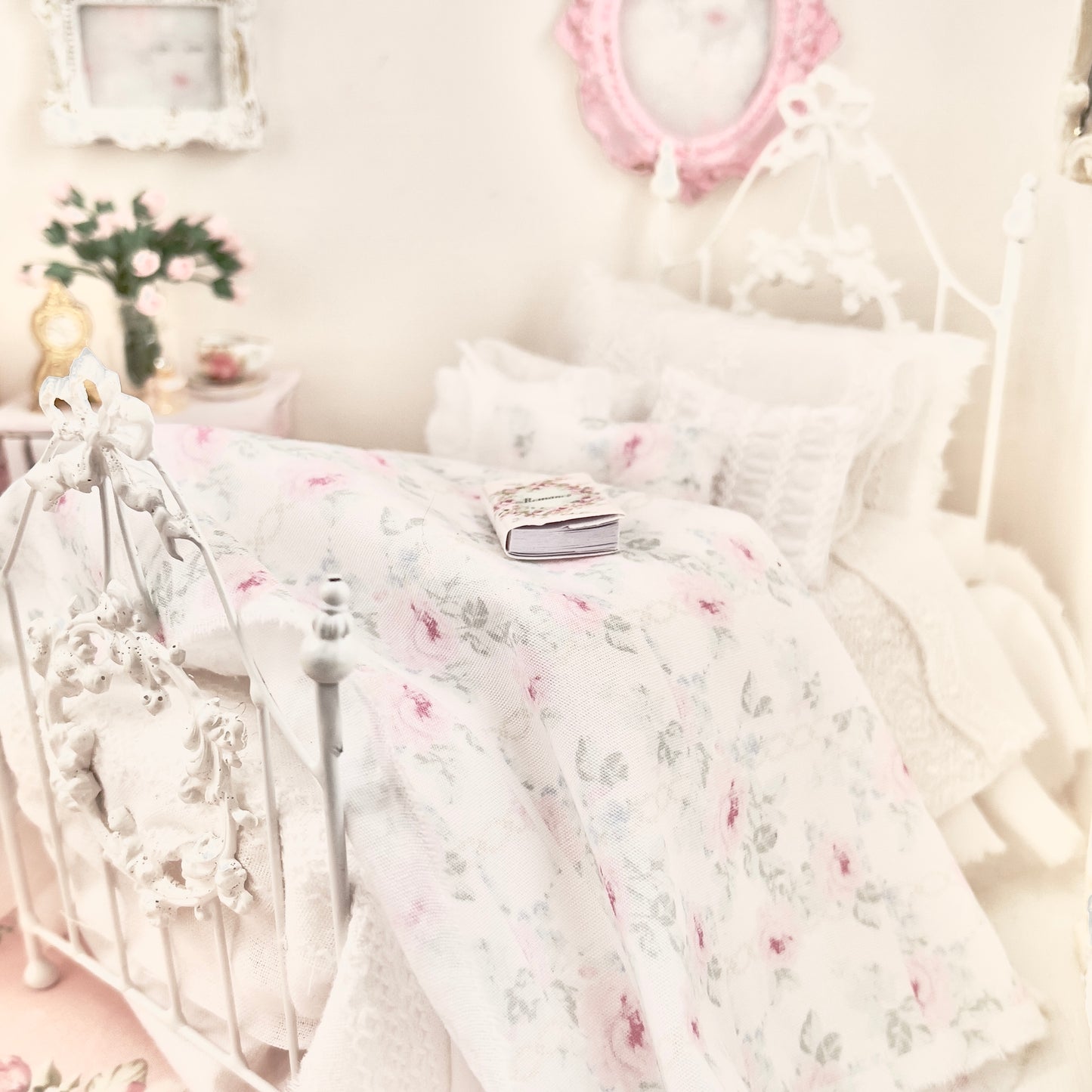 Dressed 1:12 Scale Bed | White Embroidered Cotton with Blue and Pink Shabby |Embroidered Rose