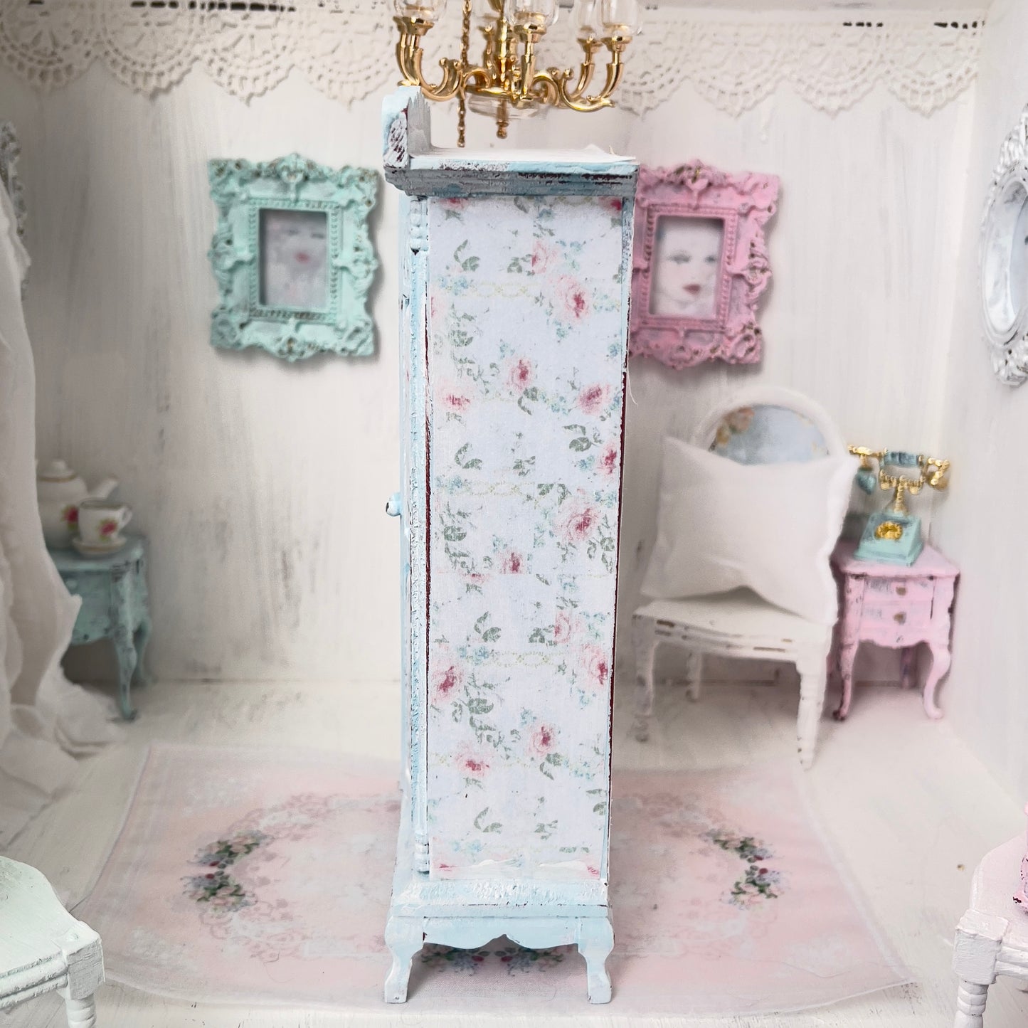 Armoire| Wooden Pale Blue Distressed with Linens| Painted Petals Furniture